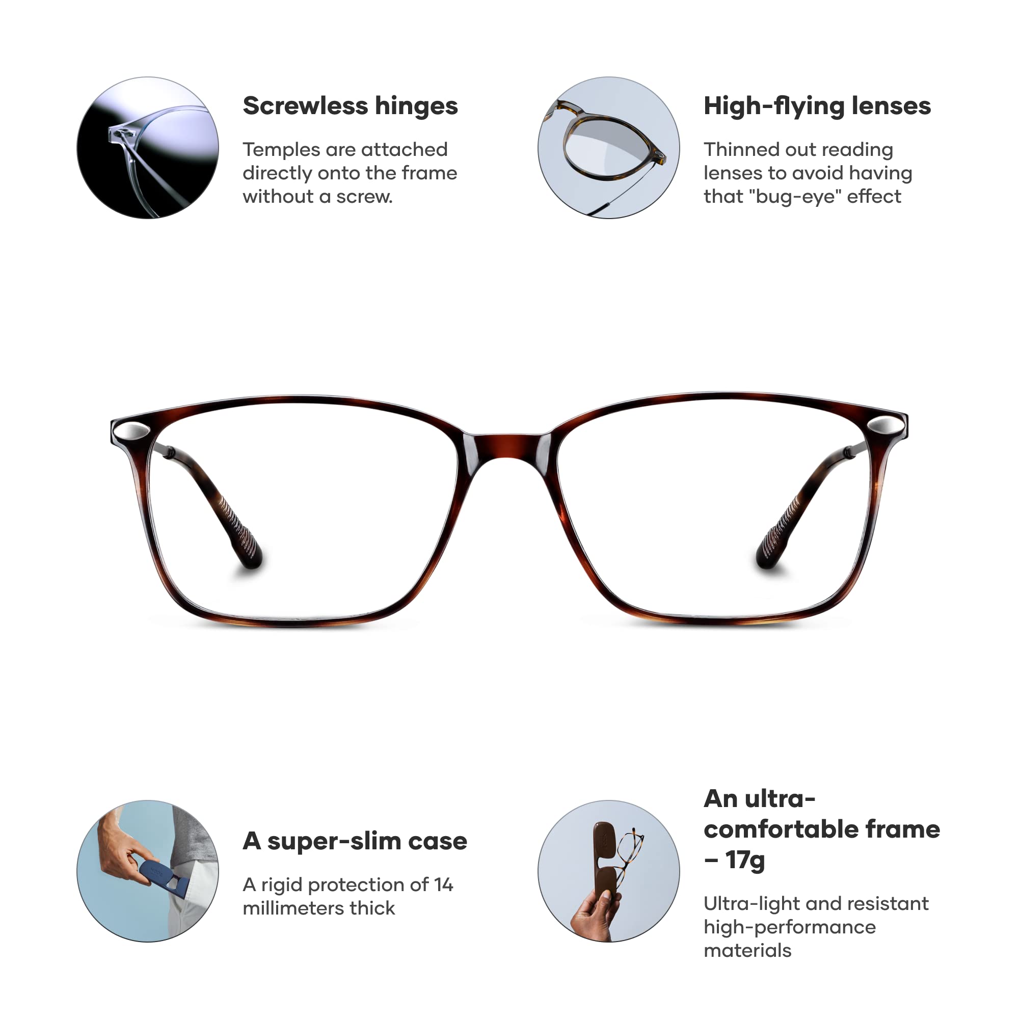 NOOZ Optics Unisex Reading Glasses - Slim & Lightweight Nylon Frame for Men & Women - Blue Light Blocking Computer Glasses with Compact Case - Perfect for Office, Reading & Screen Time