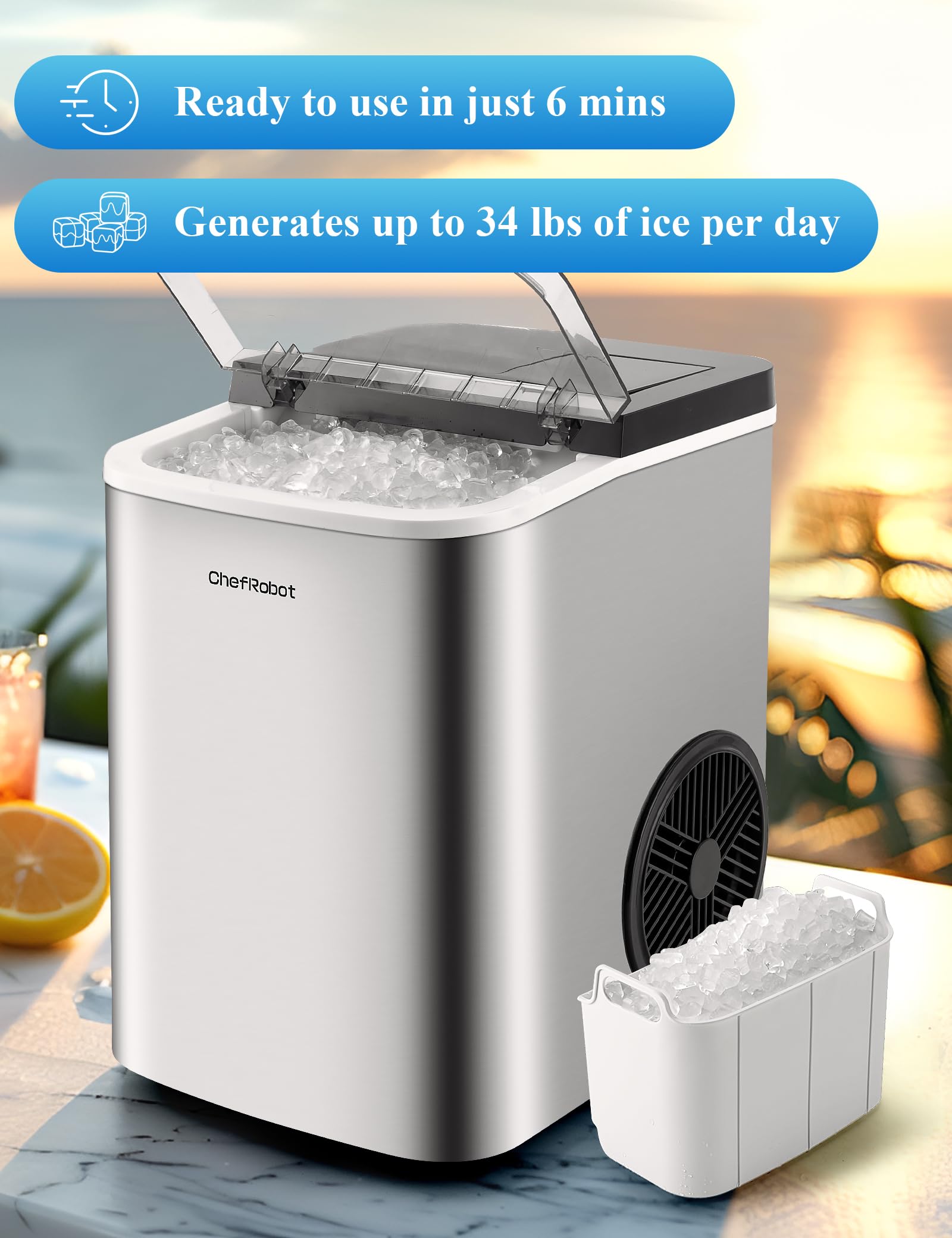 ChefRobot Nugget Ice Maker - 34Lbs/24H Stainless Steel Chewable Ice Machine, Ready in 6 Minutes | Countertop Pebble Ice Maker for Home, Office, Party & Bar | Perfect for Cocktails, Smoothies & Daily Beverages
