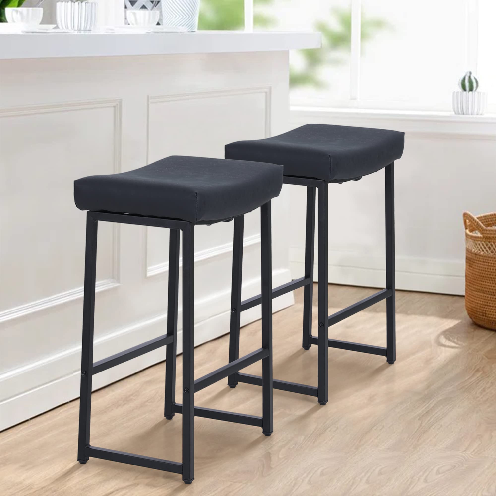 ALPHA HOME 24 Inch Backless Bar Stools Set of 2 - Modern PU Leather Saddle Seat Counter Height Stools for Kitchen Island, Dining Pub & Bistro - Black Bar Chairs - Perfect for Small Spaces, Breakfast Nooks & Home Bars