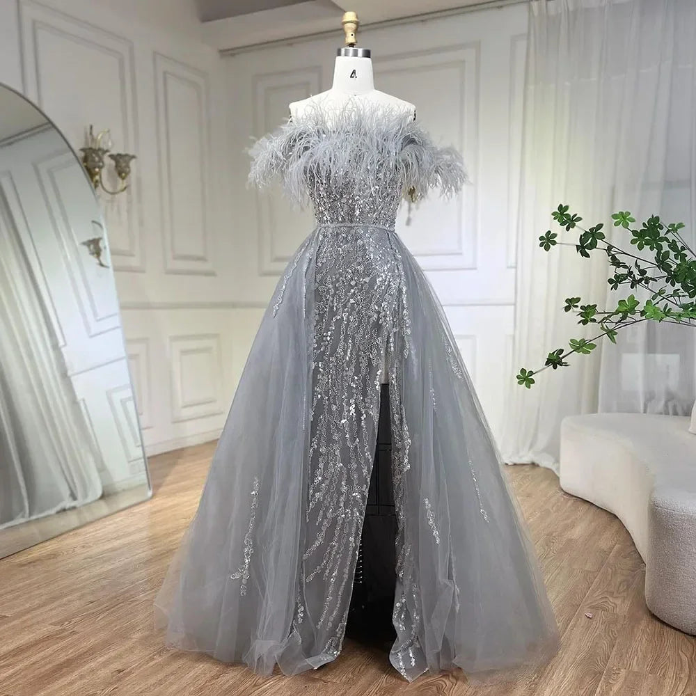 Serene Hill Blue Diamond Feather Mermaid Elegant Evening Dress with Overskirt - Women's Formal Gown for Wedding, Party & Special Occasions 2025 | LA72061