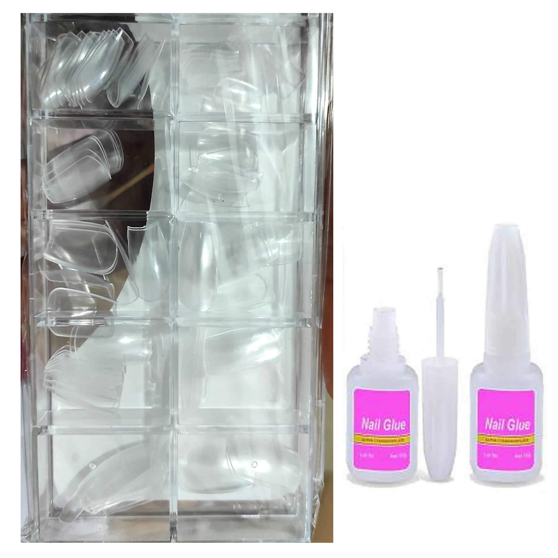 **SellRider 100pcs Reusable Transparent Artificial Nail Tips - Best False Nails with 10ml Strong Nail Glue & Brush - Perfect for DIY Manicures, Acrylic Nails & Nail Extensions**