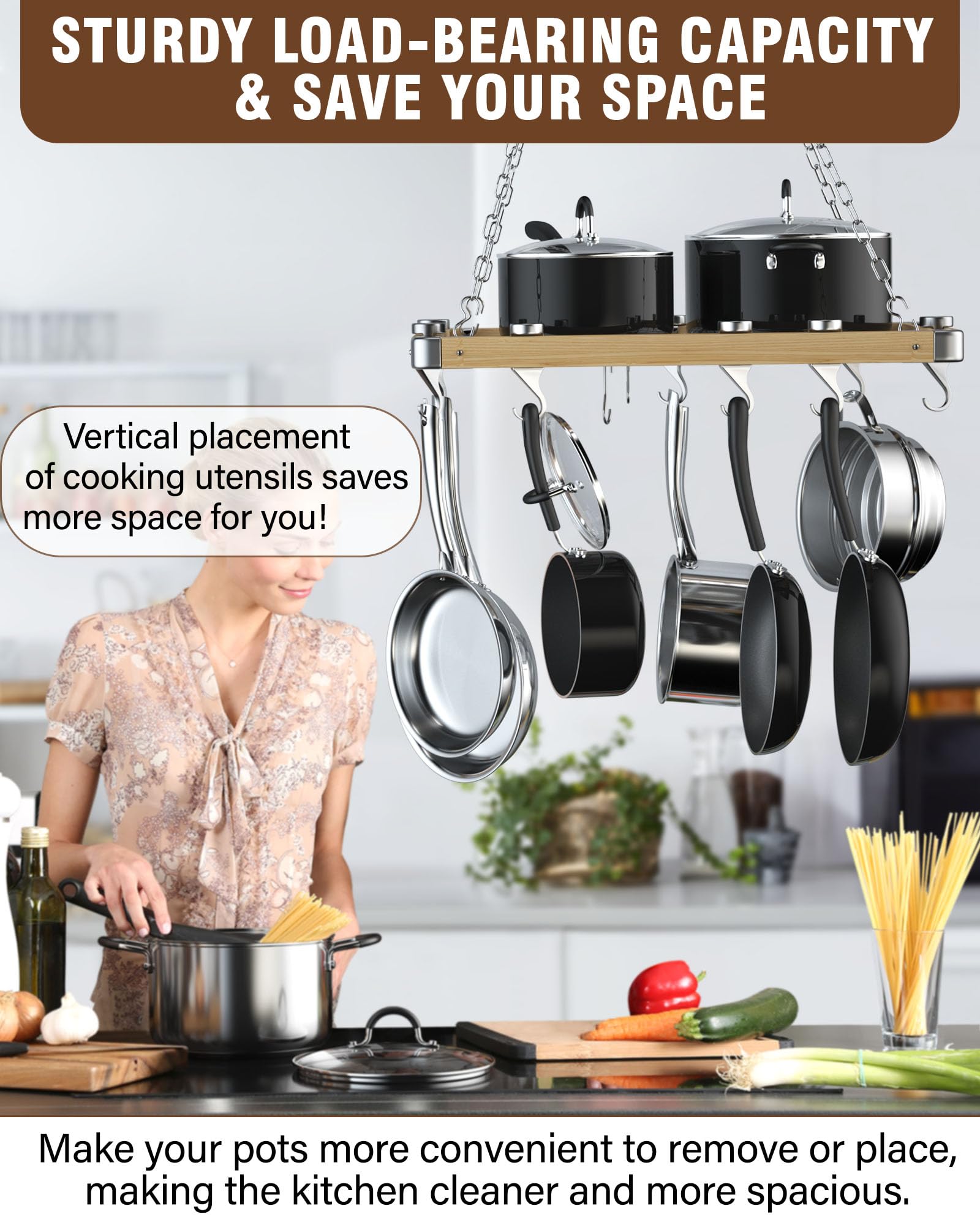 **Cooks Standard 24x18 Inch Brown Wooden Ceiling Mounted Pot Rack – Space-Saving Kitchen Storage for Pots, Pans & Utensils**