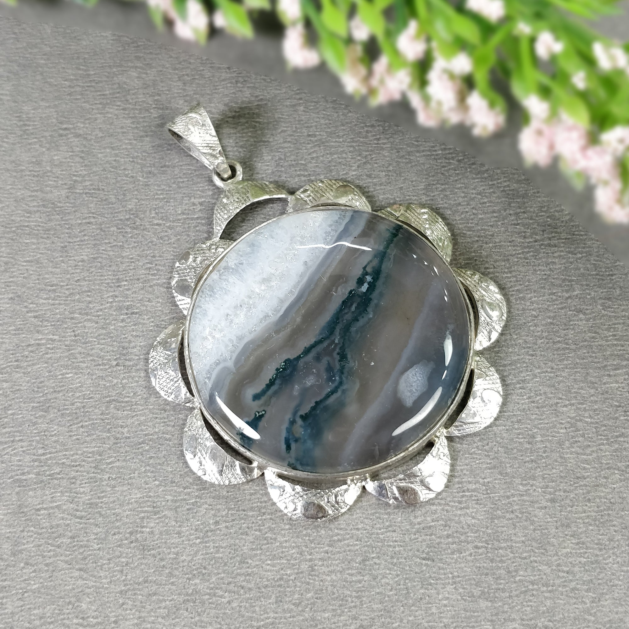 925 Sterling Silver Pendant with 21.92g Natural Botswana Agate Gemstone - Round Bezel Set Jewelry for Women, Gift for Her, Birthday & Anniversary Present