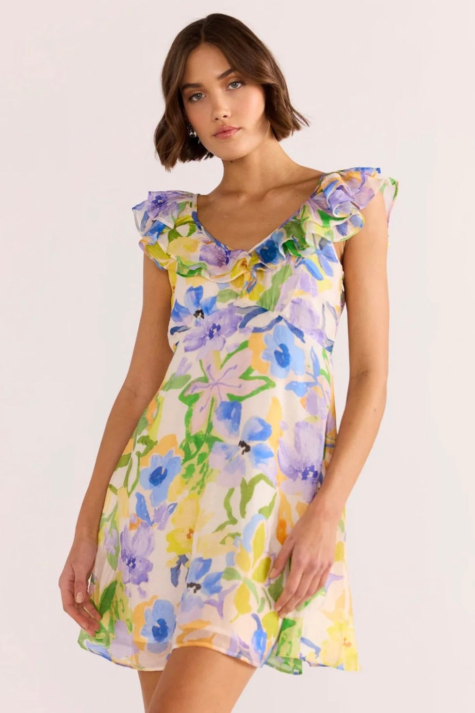 Fable Painterly Floral Frill Mini Dress - Women's Boho Summer Dress with Ruffles for Beach, Party & Date Night