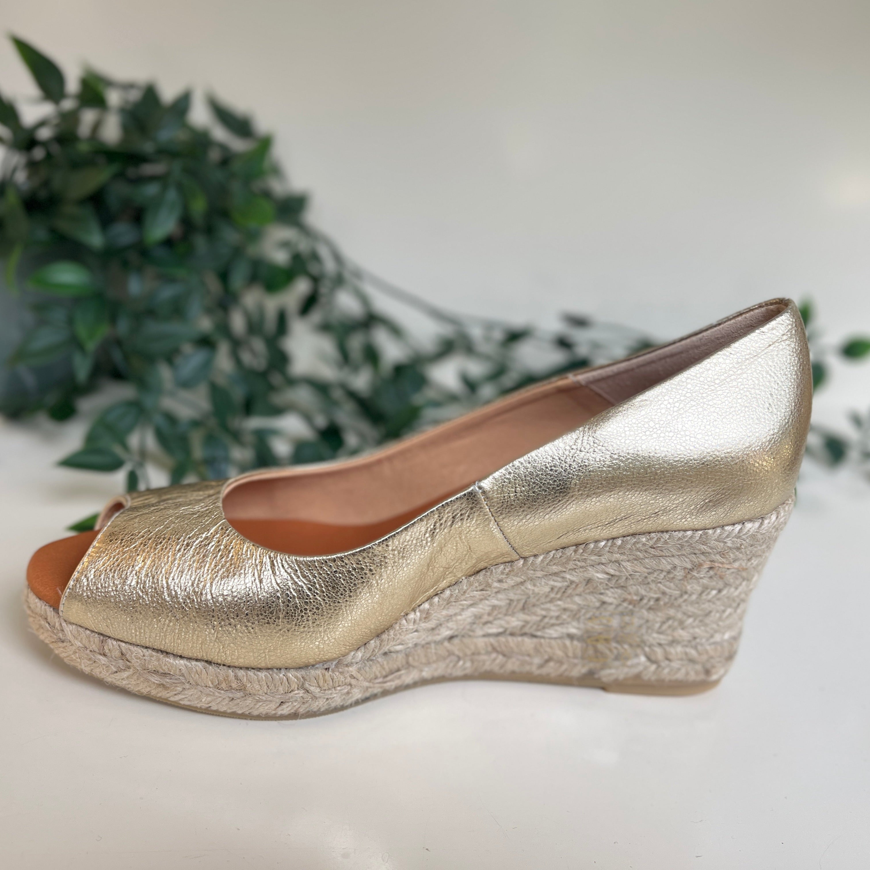 MARIAN Gold Peep Toe Wedge Espadrille Sandals - Women's Fashion Summer Shoes for Beach, Party & Casual Outings