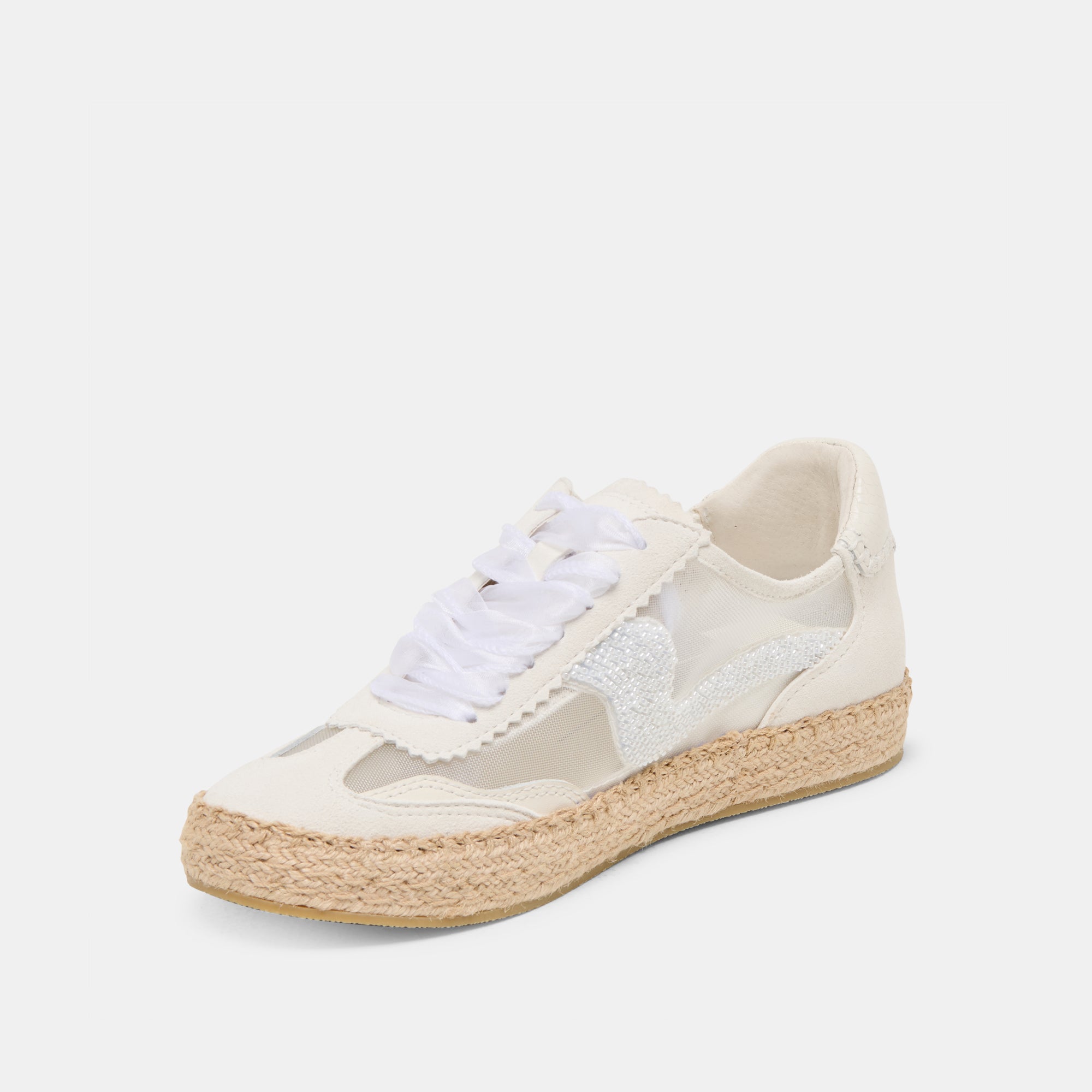 Women's White Mesh Beaded Espadrille Sneakers - Comfortable Summer Casual Shoes for Beach, Walking, and Outdoor Activities