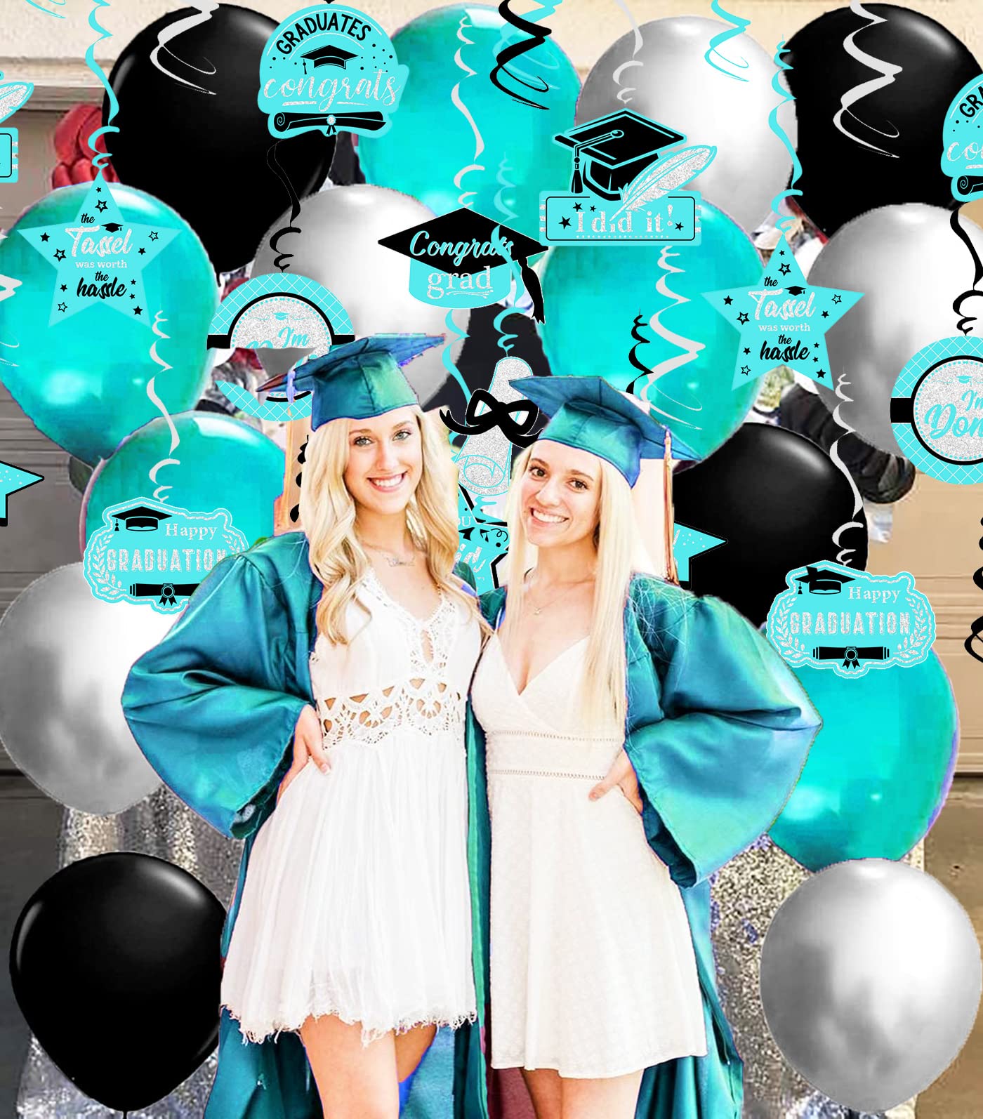 2025 Teal & Silver Graduation Party Decorations Set - 15pcs Hanging Swirls for Class of 2025 | Turquoise, Black & Silver Graduation Decor | Perfect for Graduation Ceremonies, Parties & Photo Backdrops