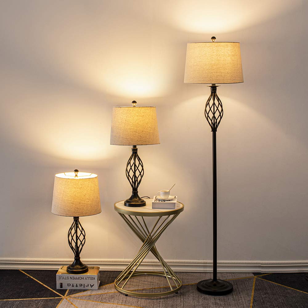 Maxax 3-Piece Farmhouse Lamp Set - Black Table & Floor Lamps with Oatmeal Fabric Shades, 3-Way Dimmable Lighting for Living Room, Bedroom & Dining Room | ETL Certified | Perfect for Cozy Evenings & Home Decor