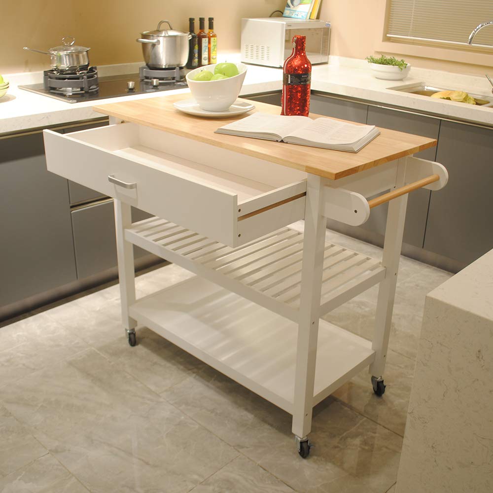 Goujxcy White Kitchen Island on Wheels with Storage, Rolling Kitchen Cart with Lockable Casters, Adjustable Shelves, Drawers & Cabinets - Perfect for Small Kitchens, Dining Rooms & Home Office Spaces