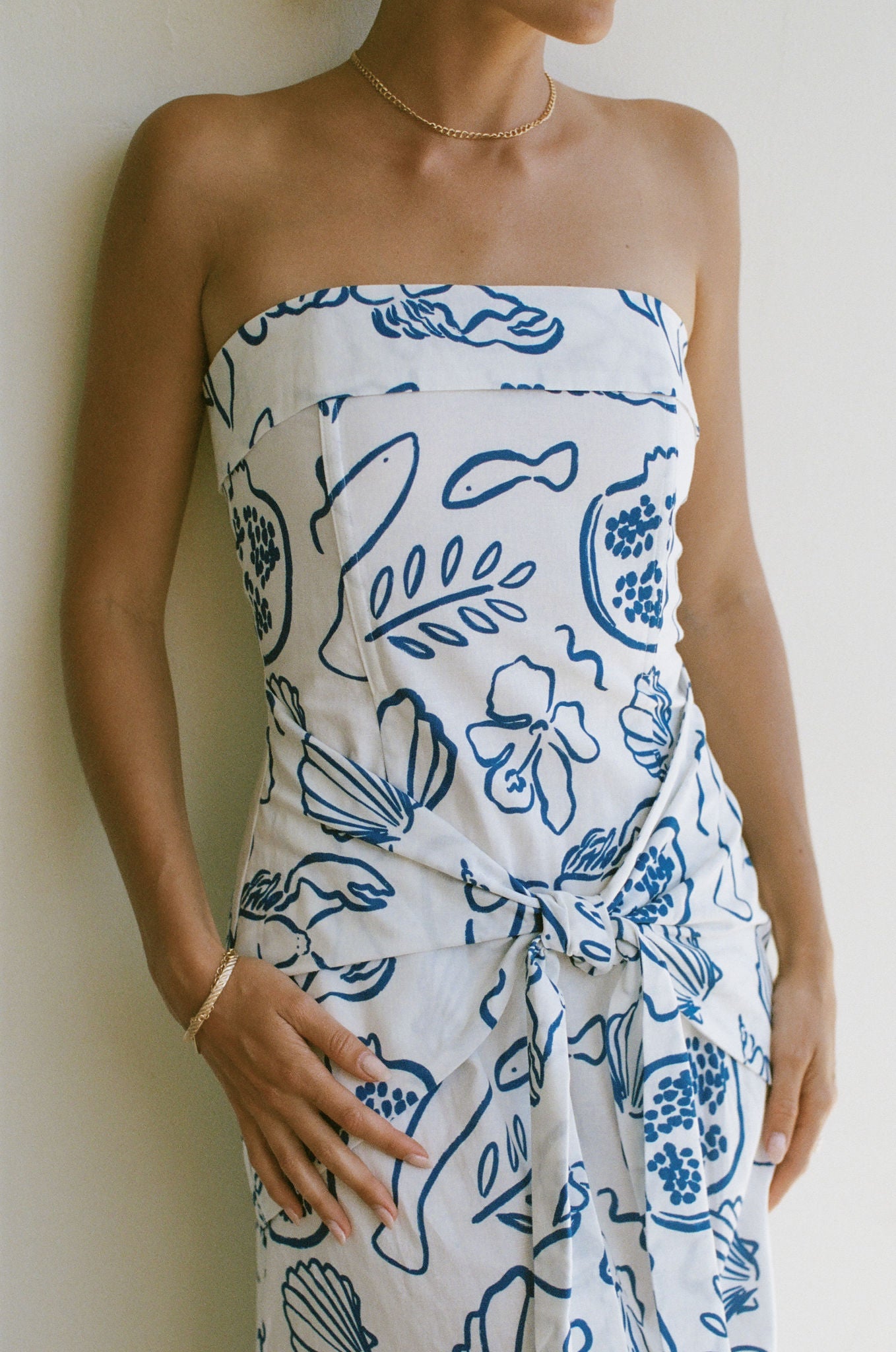 Amalfi Coast Linen Strapless Summer Dress - Floral Printed Beach Sundress for Vacation, Wedding & Boho Chic Outfits