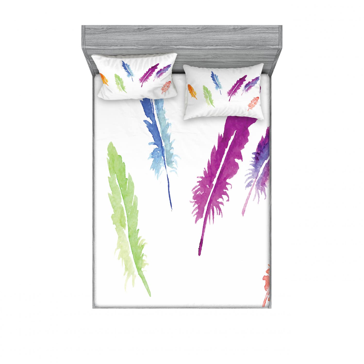Ambesonne 2-Pack Queen Size Fitted Sheets & 4 Pillow Shams Set - Watercolor Feather Design Multicolor Bedding Decor for Master Bedroom & Guest Room