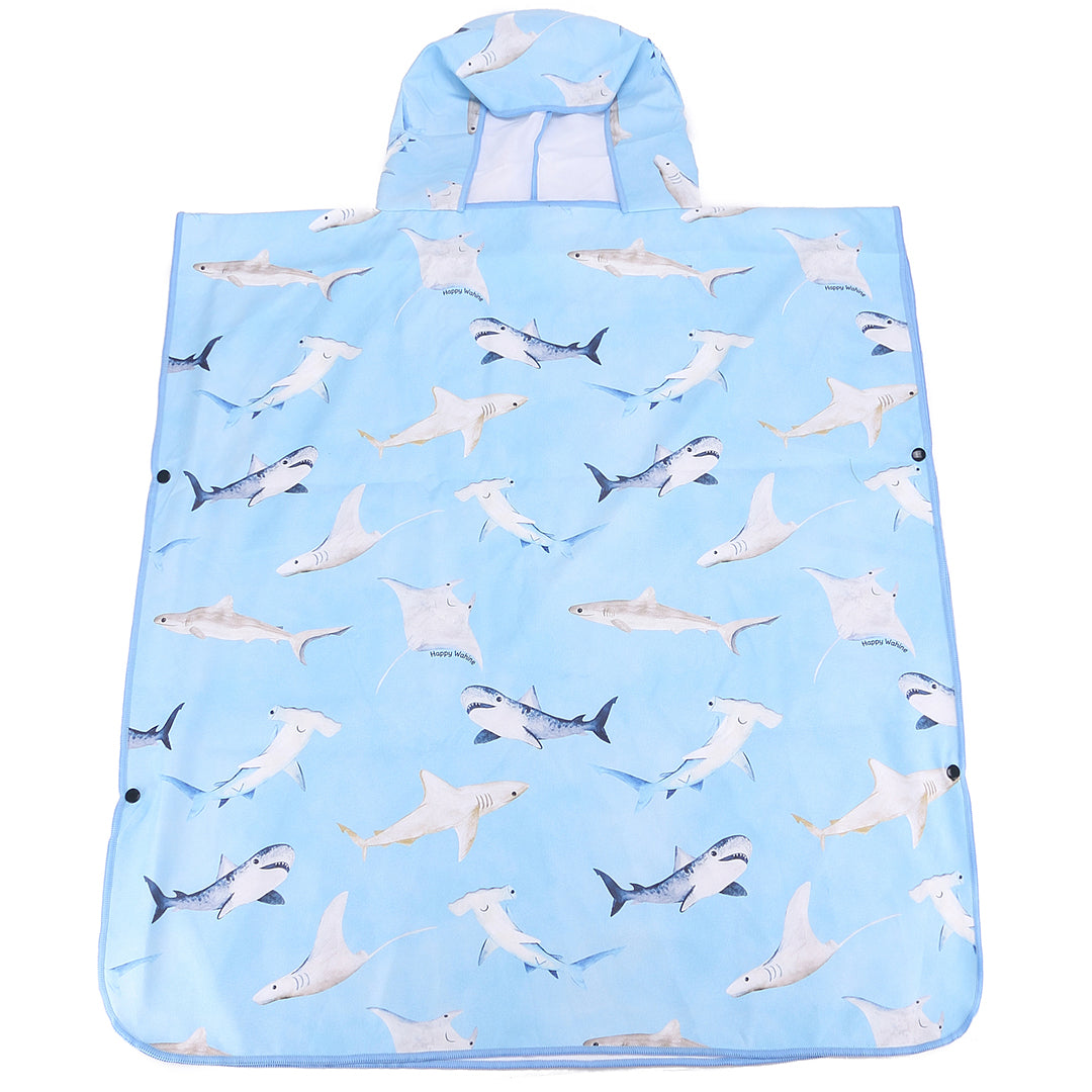Happy Sharks Blue Hooded Beach Towel Poncho for Teens - Quick Dry Swim Cover Up for Pool, Beach & Water Sports