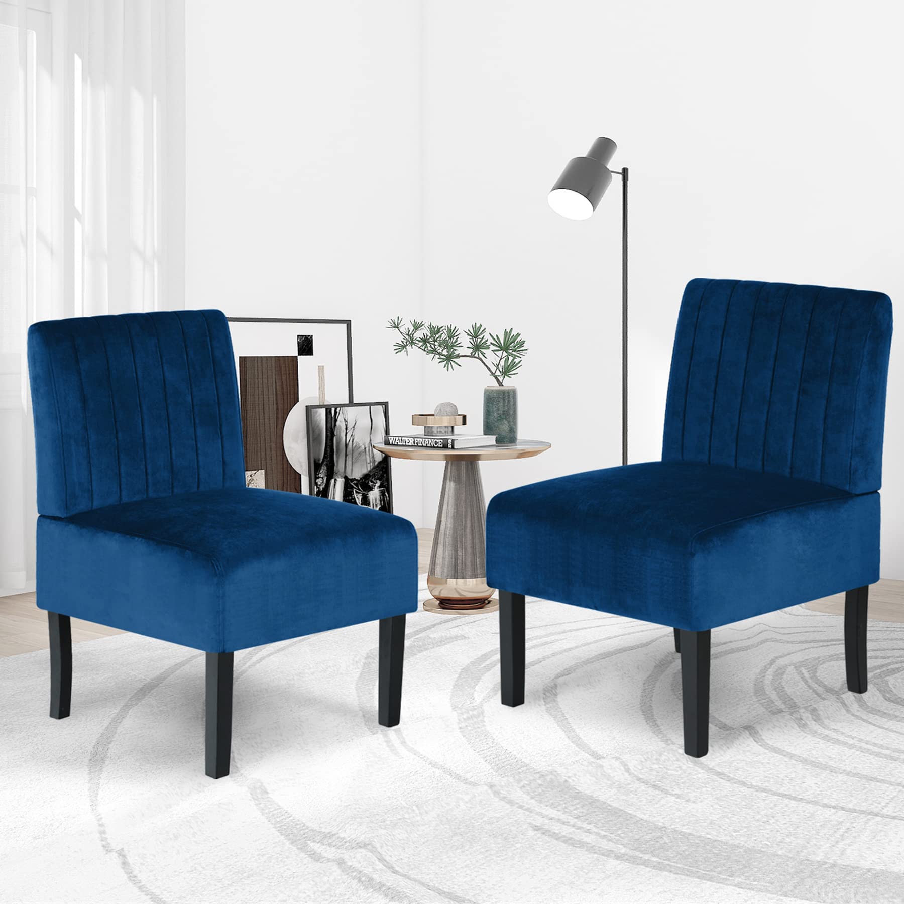 Modern Velvet Armless Accent Chair Set of 2 - Navy Blue Slipper Chairs for Bedroom, Living Room & Vanity - Stylish Decorative Side Chairs for Small Spaces & Cozy Corners
