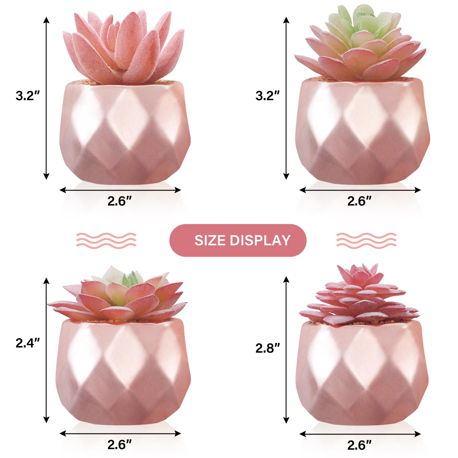 4 Pack Mini Rose Gold Artificial Succulents in Pots - Realistic Fake Plants for Home Office Desk Decor, Window Sill, Bathroom & Bedroom - Perfect Gift for Women & Plant Lovers