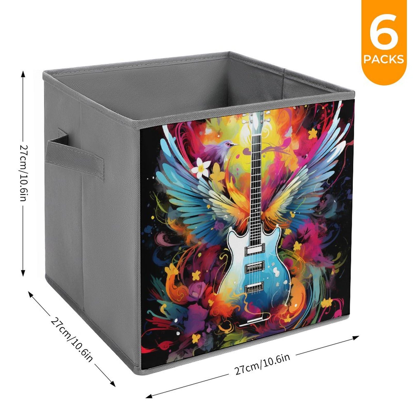 6-Pack Foldable Square Storage Bins with Handles - Watercolor Guitar & Wings Design Fabric Storage Cubes & Organizers | Perfect for Closet, Nursery, Office & Home Organization