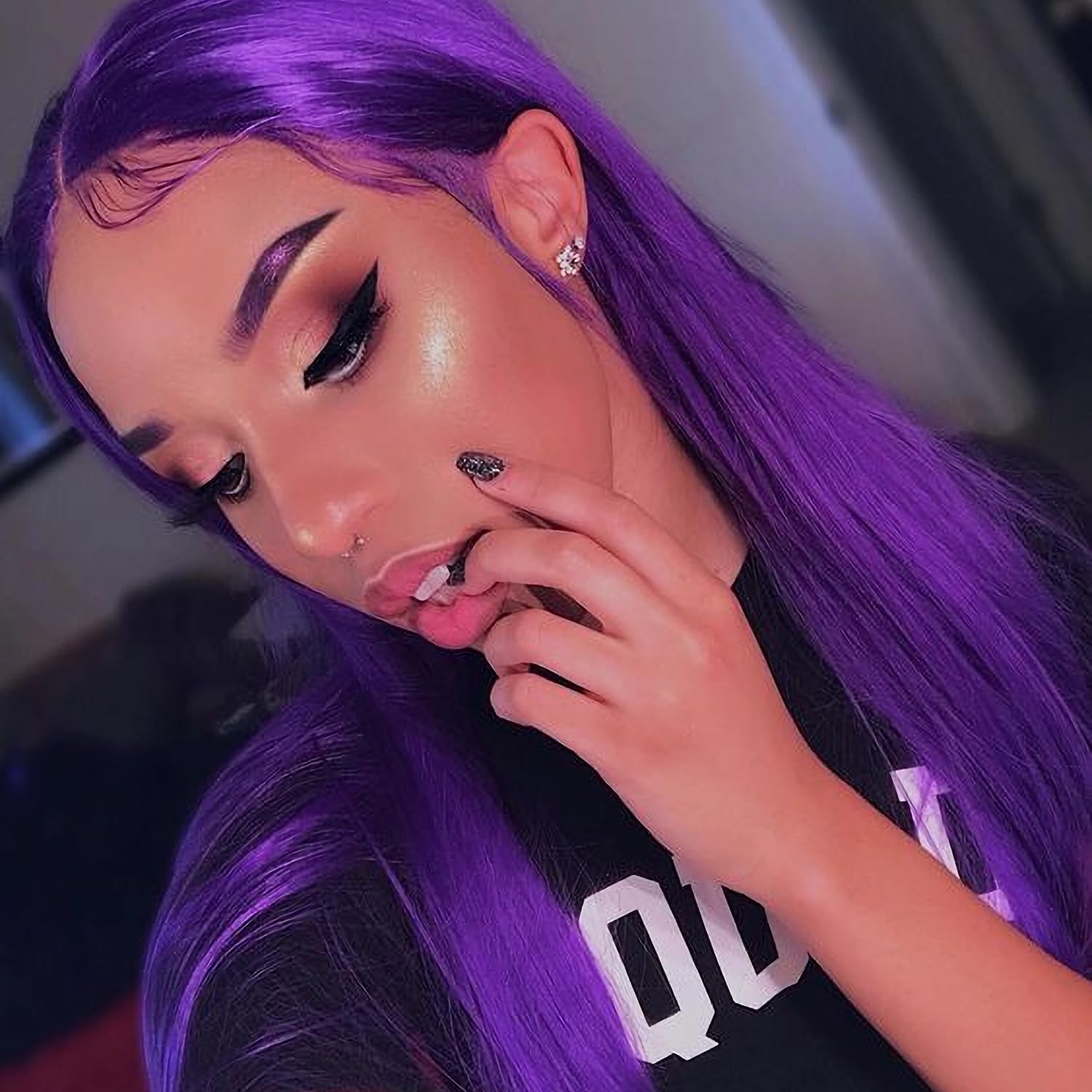 WIGER 26 Inch Straight Purple Wig for Women - Long Dark Purple Ombre Black to Purple Synthetic Hair Wig with Middle Part, Heat Resistant for Cosplay, Halloween, Parties & Daily Fashion