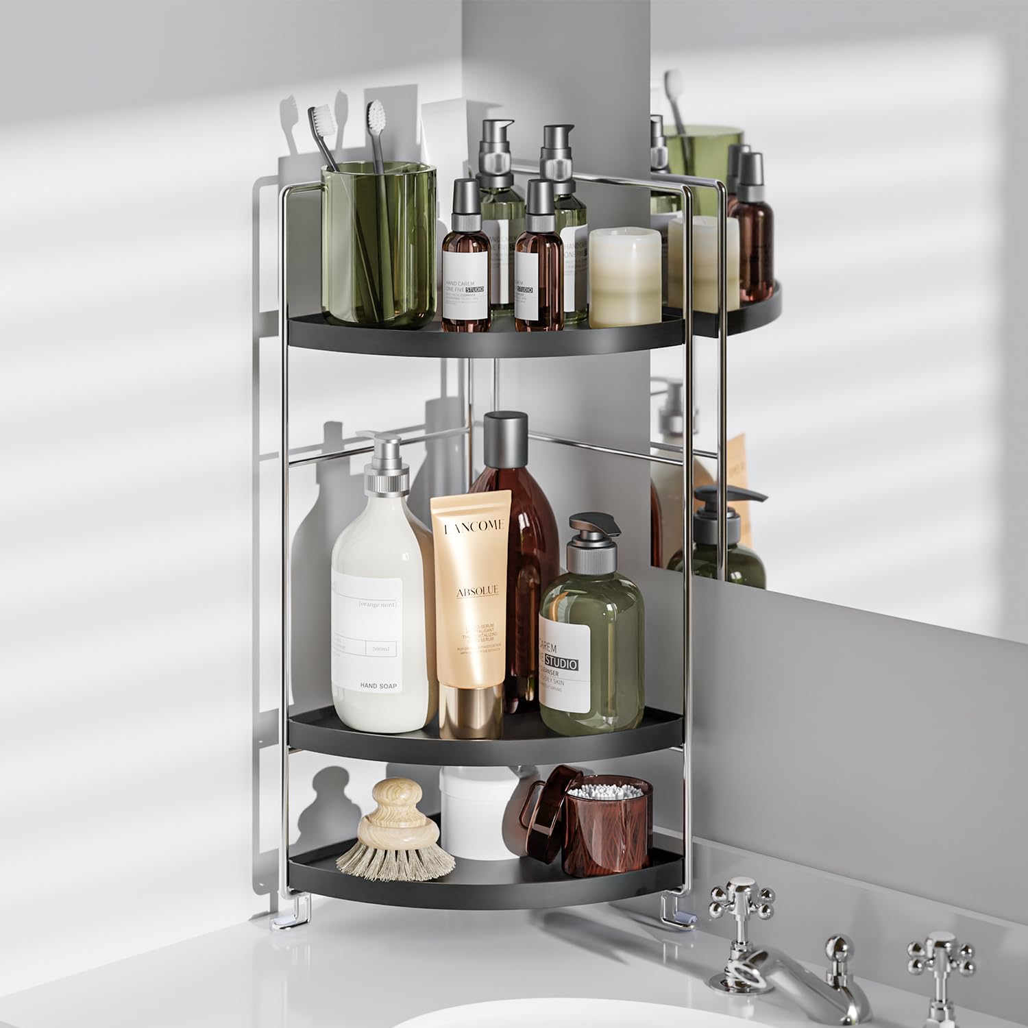 3-Tier Bathroom Corner Organizer - Black Countertop Vanity Shelf for Skincare & Makeup Storage - Space Saving Sink Organizer for Small Bathrooms - Perfect for Cosmetics, Toiletries, and Jewelry Organization