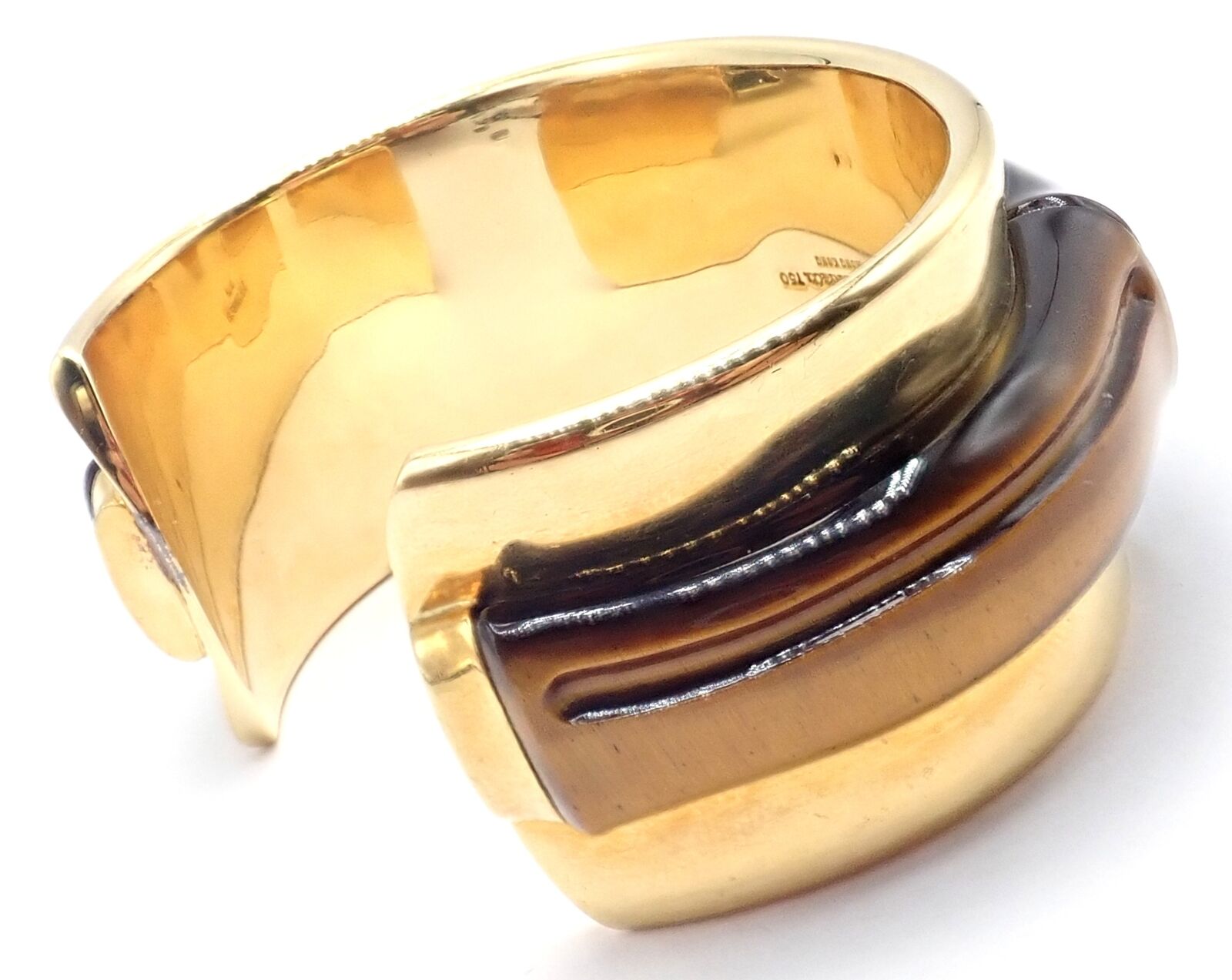 Authentic Tiffany & Co 18K Yellow Gold Tiger Eye Bangle Cuff Wide Bracelet for Women - Luxury Statement Jewelry for Parties, Weddings & Special Occasions