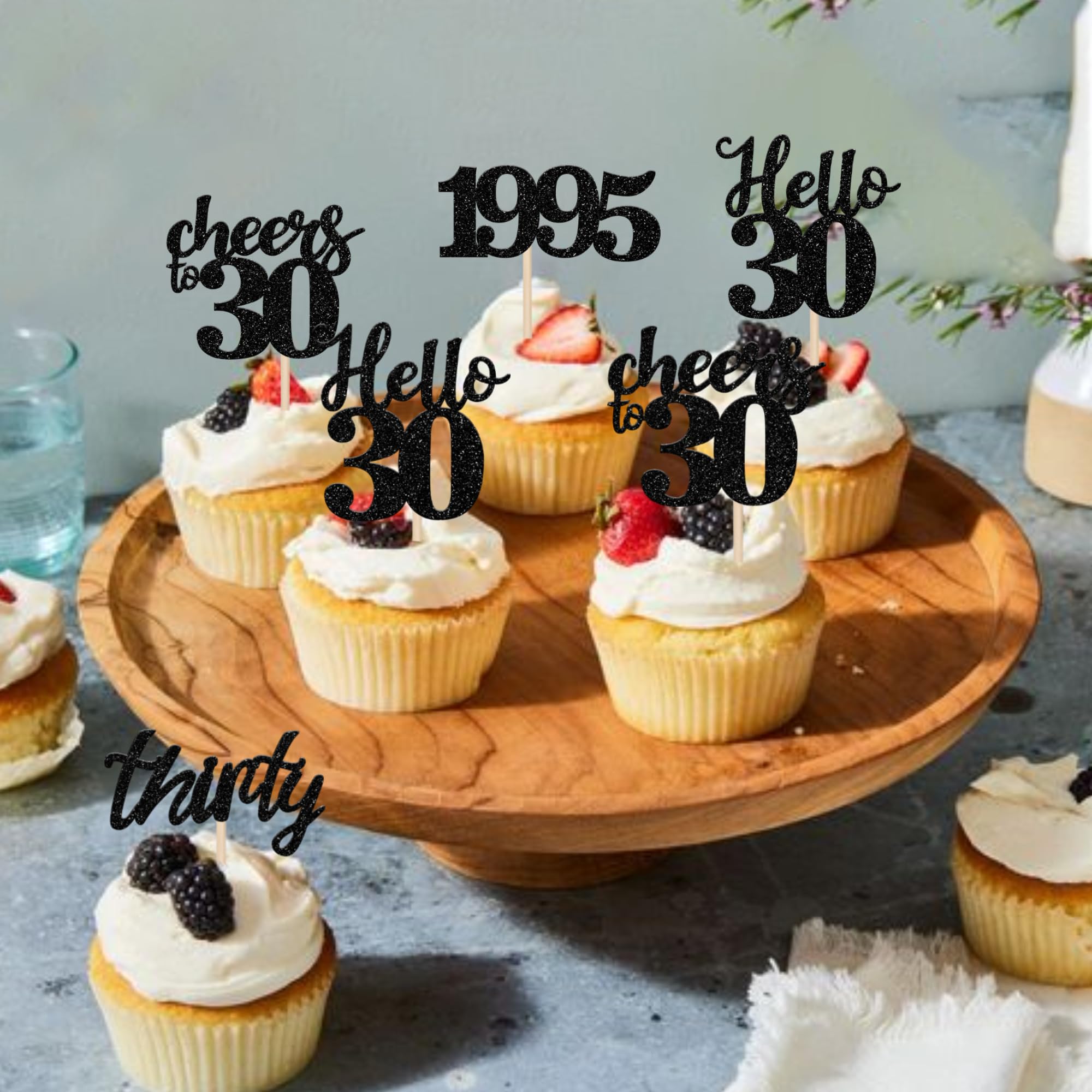 24 PCS Black Glitter 30th Birthday Cupcake Toppers - Hello 30, Cheers to 30 Since 1995 - Cake Decorations for 30th Birthday Party, Anniversary Celebration & Milestone Events