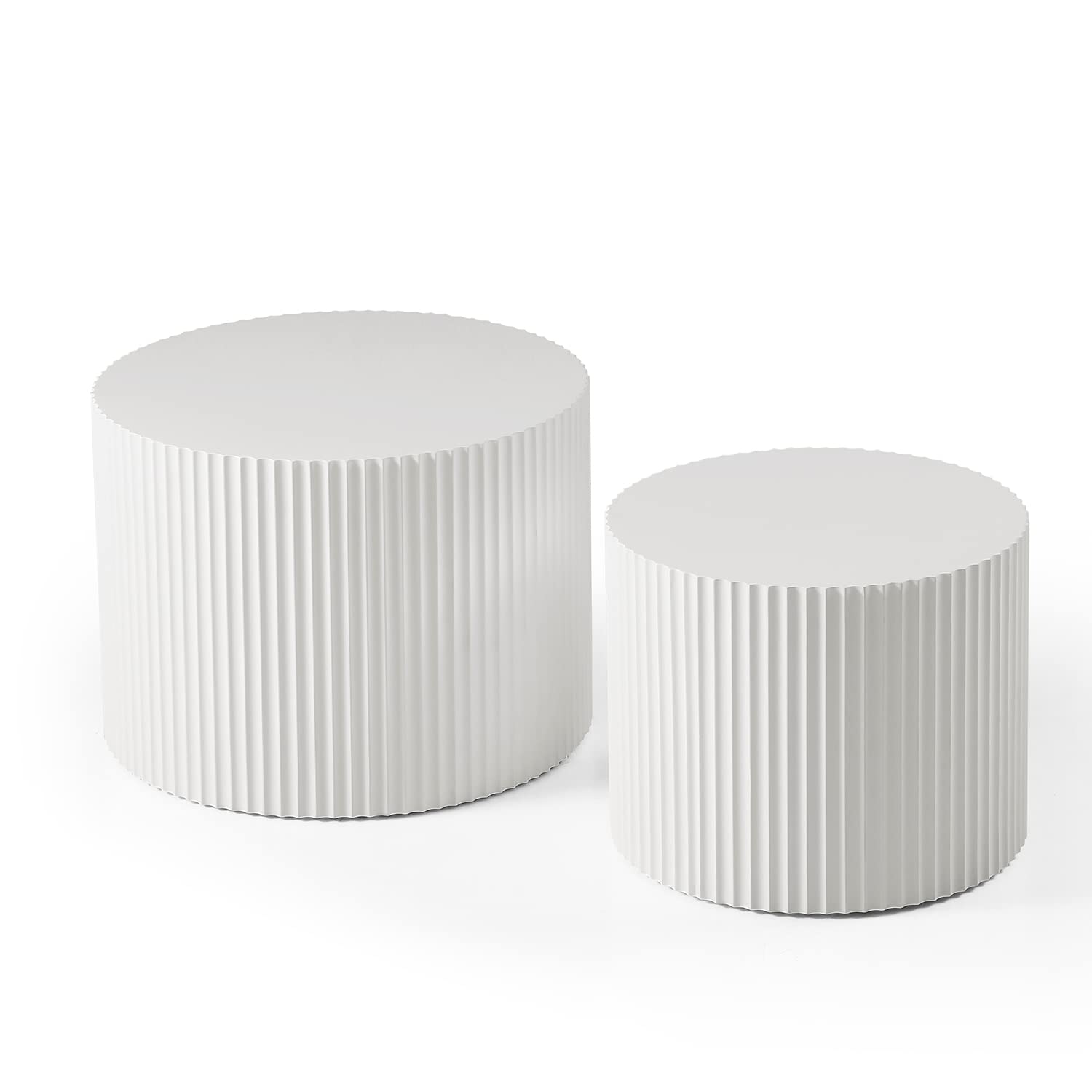 Kevinplus White Round Nesting Coffee Table Set of 2 - Modern Drum Side & End Tables for Living Room - Wood Circle Embossed Design - Contemporary Matte White Coffee Table Set - Perfect for Small Spaces, Apartments & Cozy Living Rooms