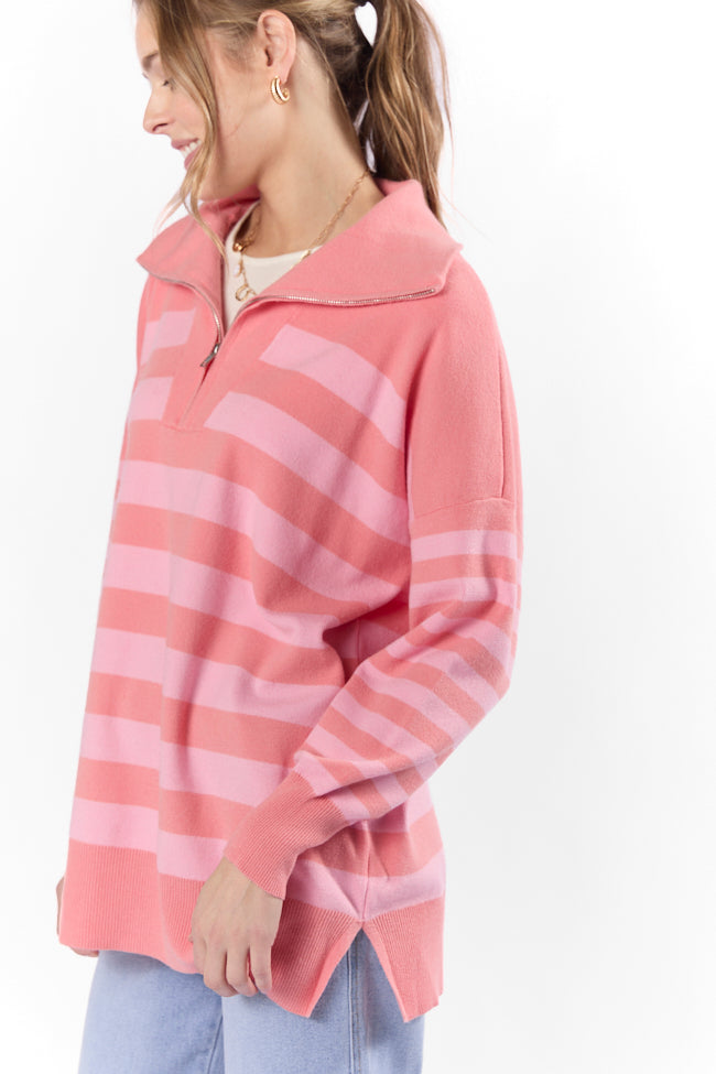 Coral Multi-Stripe Quarter Zip Pullover for Women | Soft & Stylish Pullover Sweater | Perfect for Casual Outings & Layering