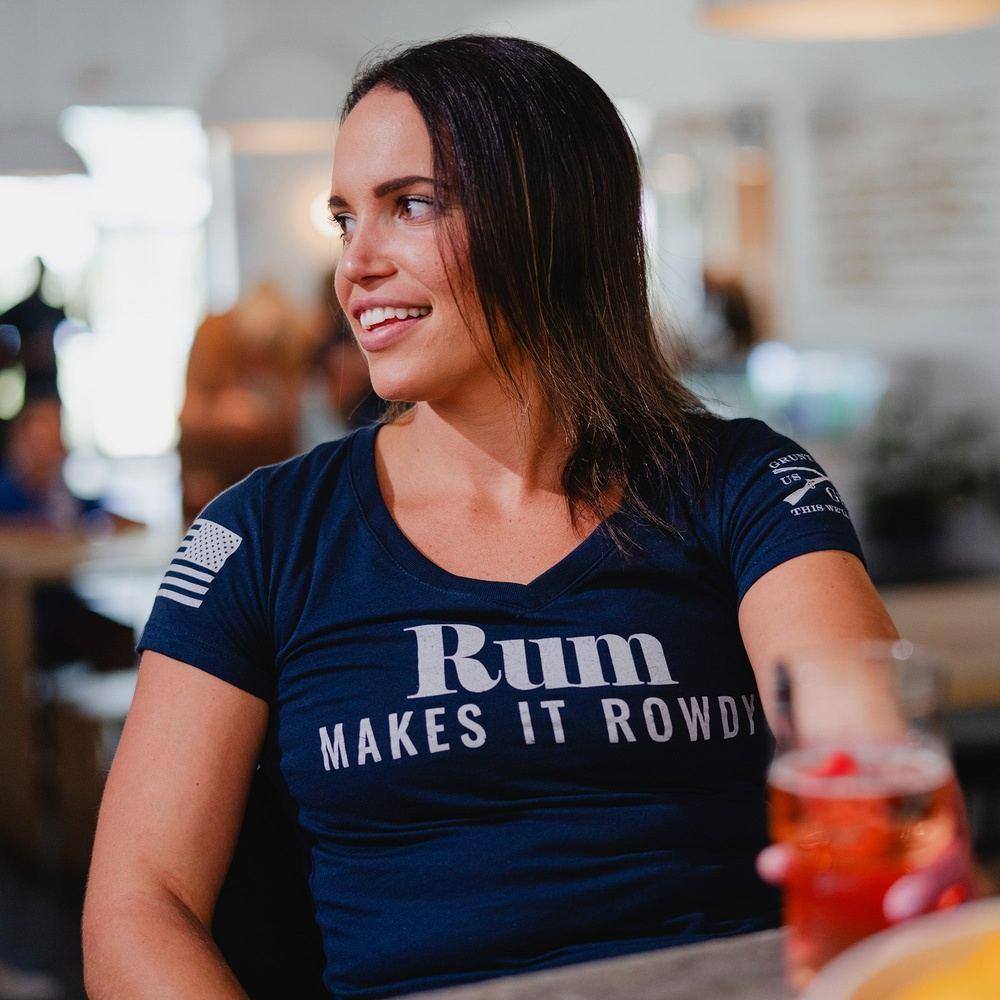 Women's Rum Makes It Rowdy V-Neck T-Shirt - Midnight Navy | Casual & Party Wear | Soft Cotton Comfort