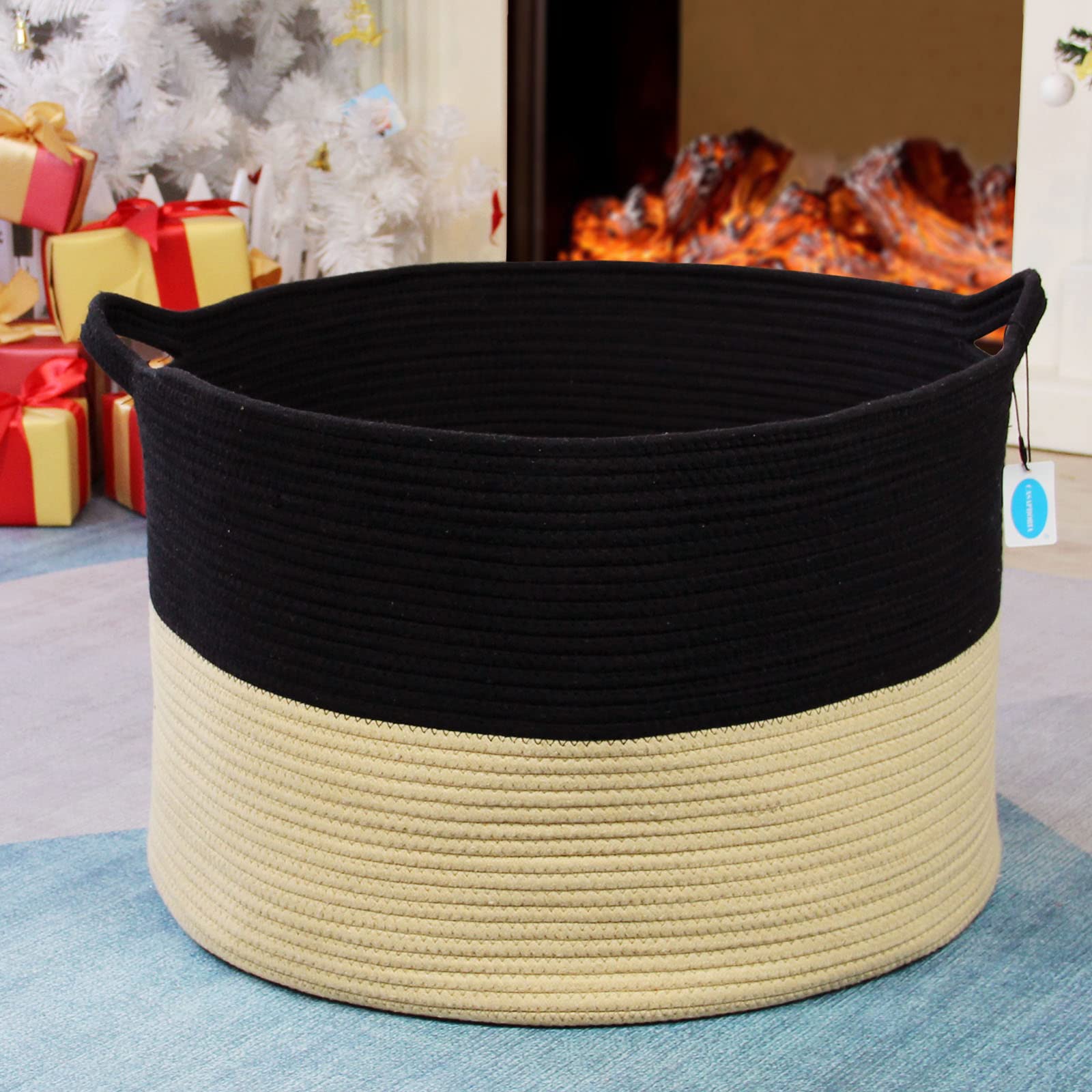Casaphoria XXXLarge Woven Cotton Rope Basket - 21.7x21.7x13.8 Inch Laundry Hamper, Blanket Storage Bin with Handles for Comforters, Cushions & Clothes | Perfect for Bedroom, Nursery & Bathroom Organization | Black & Brown