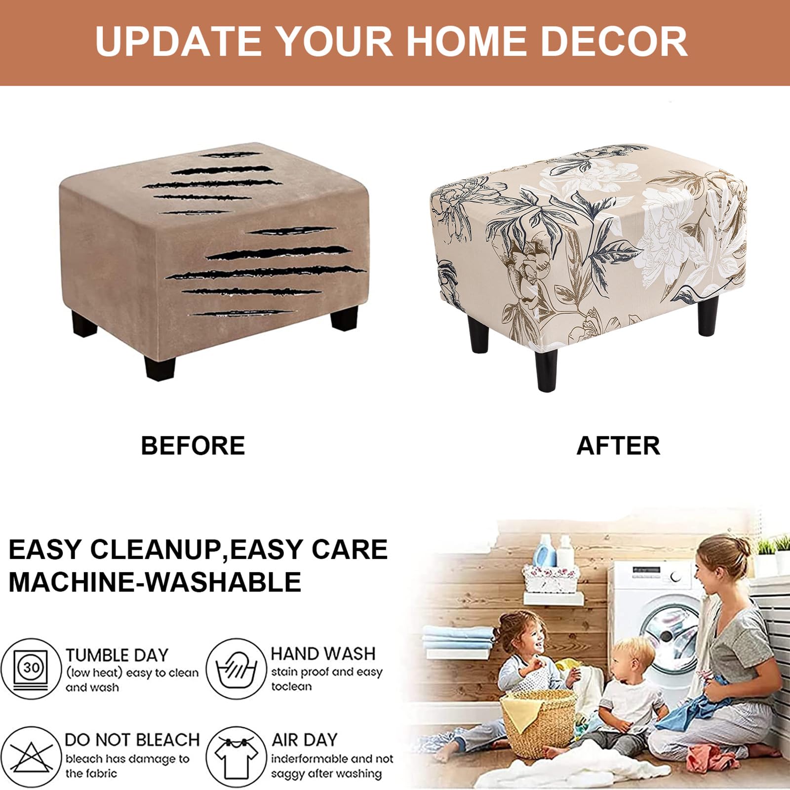 Stretch Ottoman Slipcover with Non-Slip Elastic Bottom - Rectangular Storage Footrest Stool Cover, Durable Chair Covers for Living Room, Bedroom & Office Furniture Protection