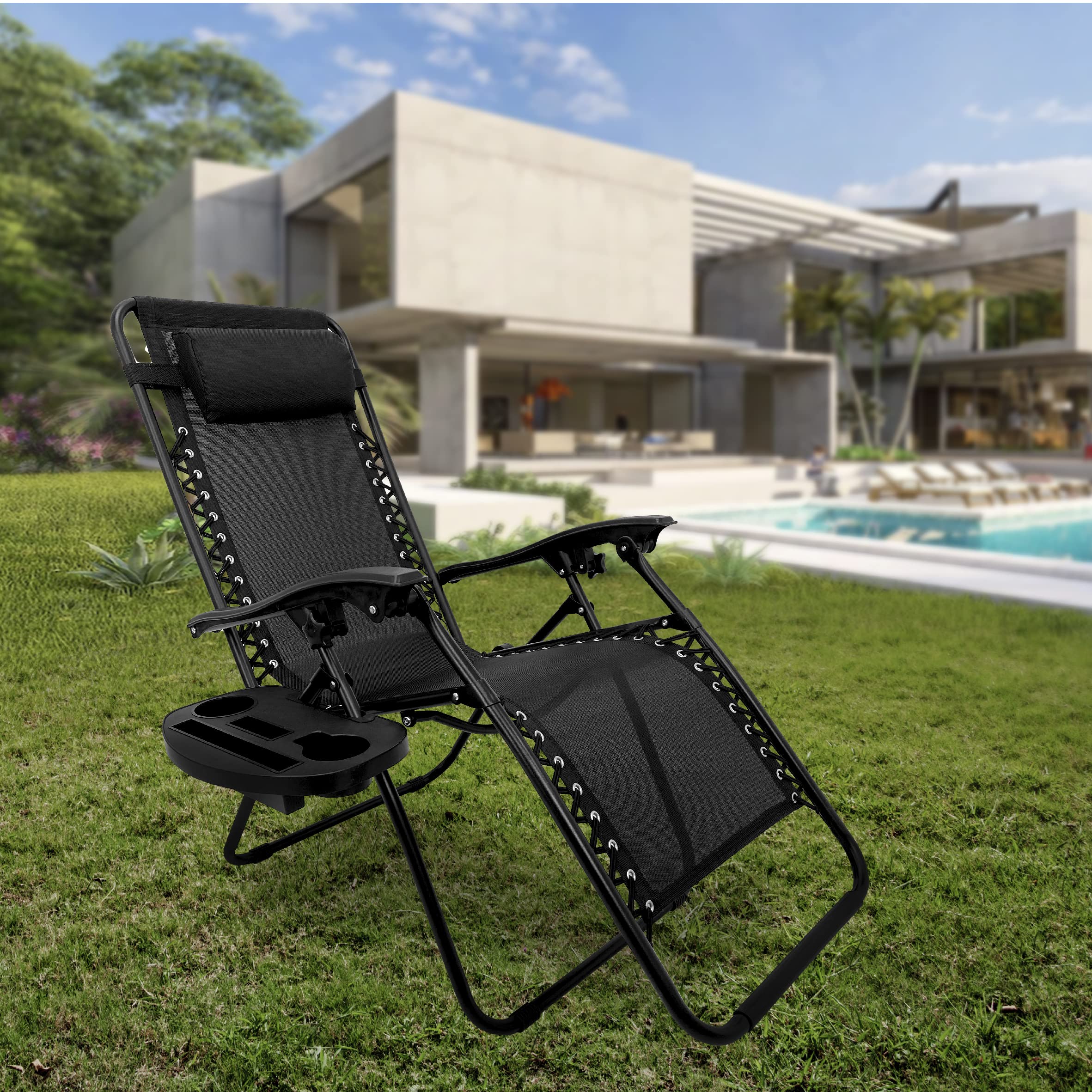 EasyGo Zero Gravity Lounge Chair with Cup Holder - Adjustable Reclining Outdoor Folding Chair for Patio, Deck, Beach & Backyard (2-Pack, Black) - Perfect for Sunbathing, Poolside Relaxation & Outdoor Dining