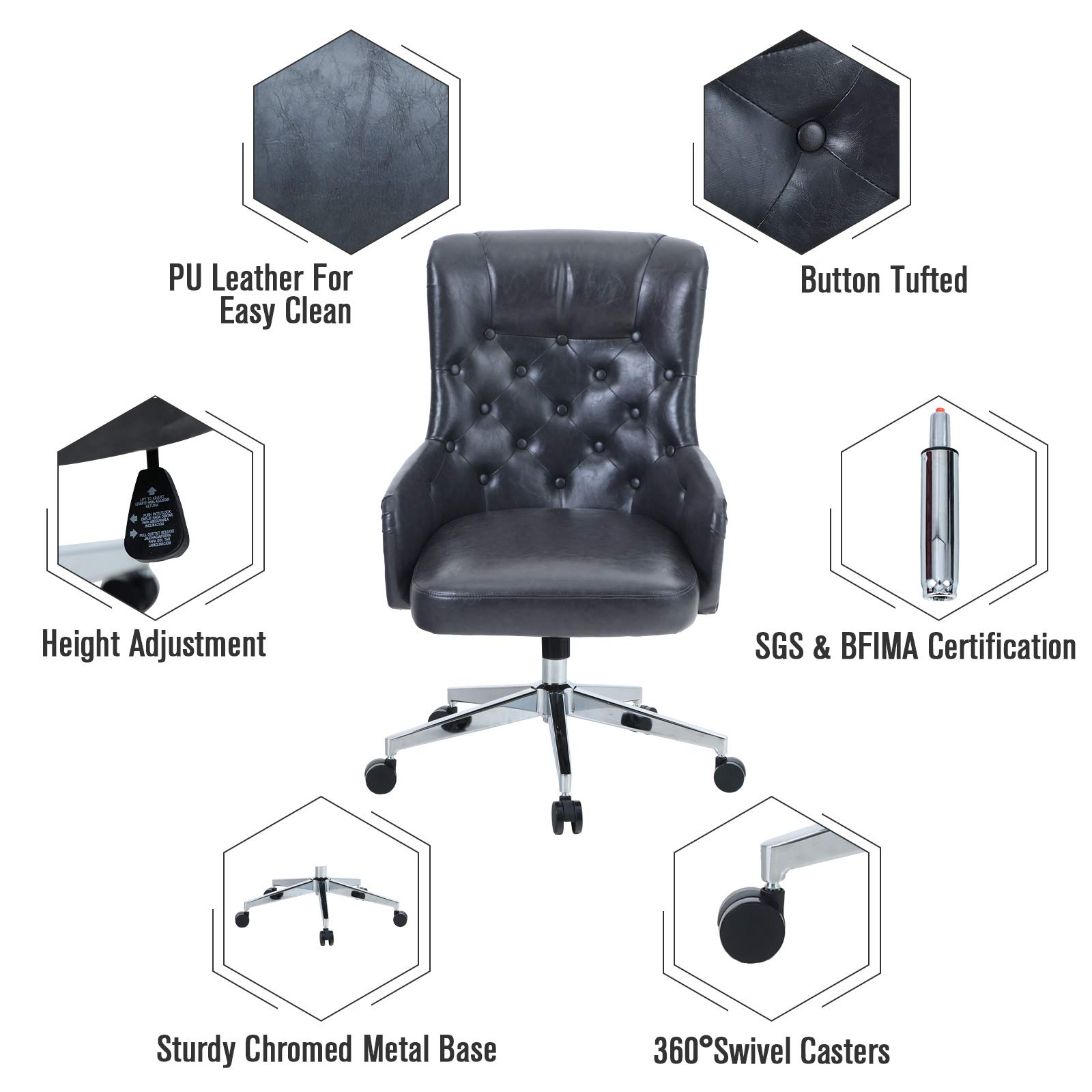 ALPHA HOME Ergonomic Office Chair - High Back PU Leather Executive Desk Chair with Adjustable Height, Lumbar Support & Smooth Rolling Casters - Perfect for Home Office, Gaming & Computer Workstations (Dark Gray)