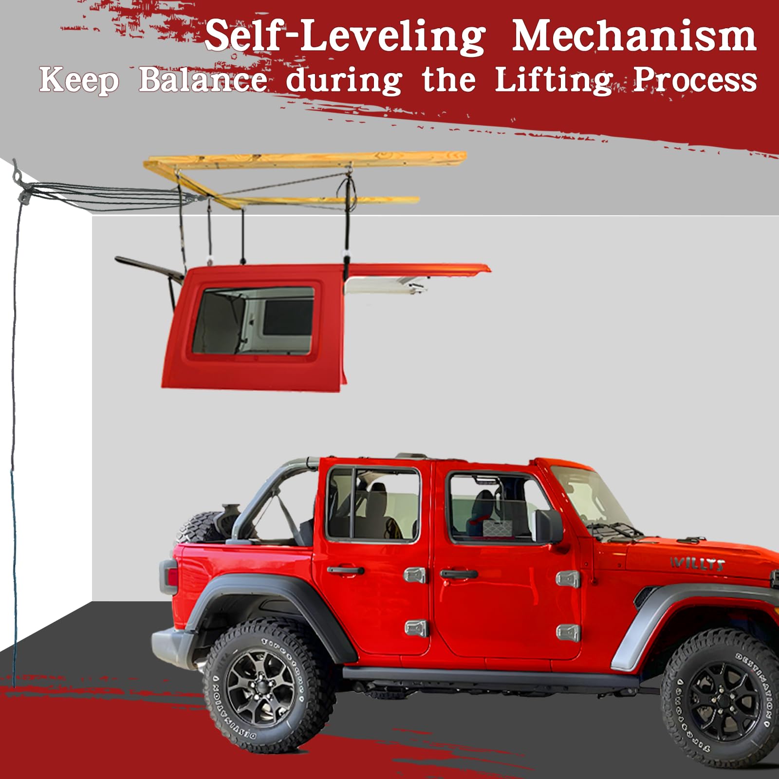 Jeep Wrangler Hard Top Removal Lift - Single Person Roof Hoist for JL & JK Models | Compatible with Ford | Anti-Drop Safety System | 8-16 ft Ceiling Support | Includes 6 T-Knobs | Perfect for Garage Storage & Off-Road Enthusiasts