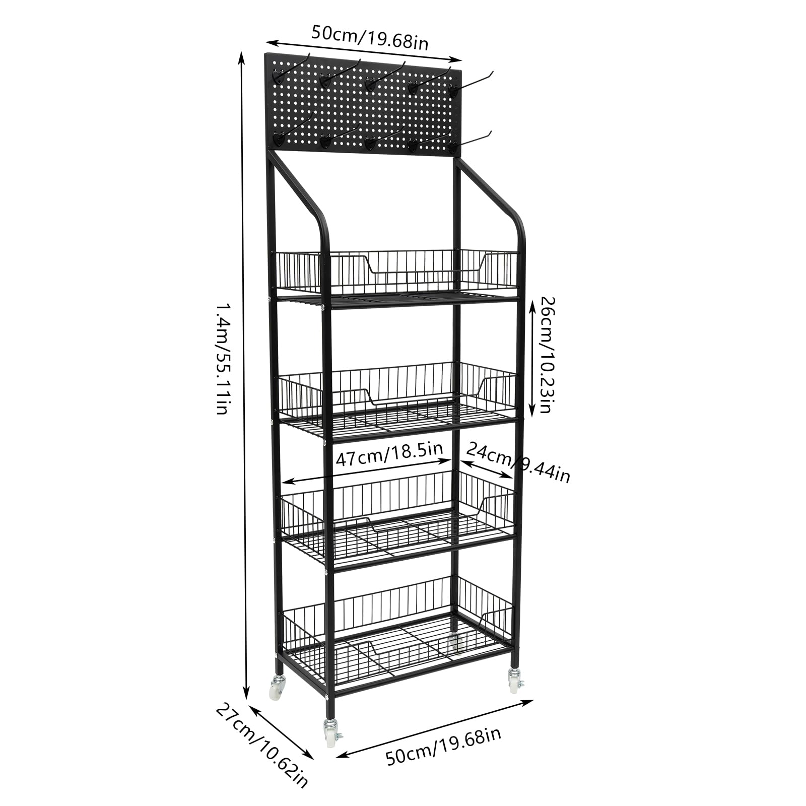 4 Tier Heavy Duty Snack Rack Organizer - Freestanding Mobile Utility Cart with 10 Hooks - 22 lbs Capacity per Tier (19.6x10.6x55 Inches, Black) - Perfect for Kitchen, Garage, Market, Bar & Retail Display Organization