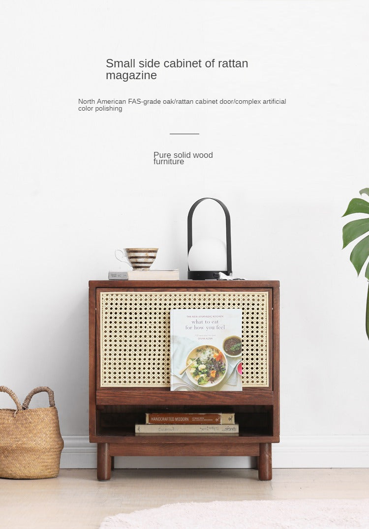 Solid Oak Wood Rattan Magazine Storage Cabinet - Stylish Organizer for Living Room, Bedroom, or Office Décor