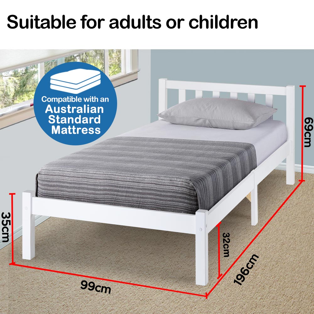 White Wooden Pine Single Bed Frame for Kids - Sturdy & Safe Children's Bedroom Furniture for Toddlers & Teens - Perfect for Small Spaces, Guest Rooms & Sleepovers