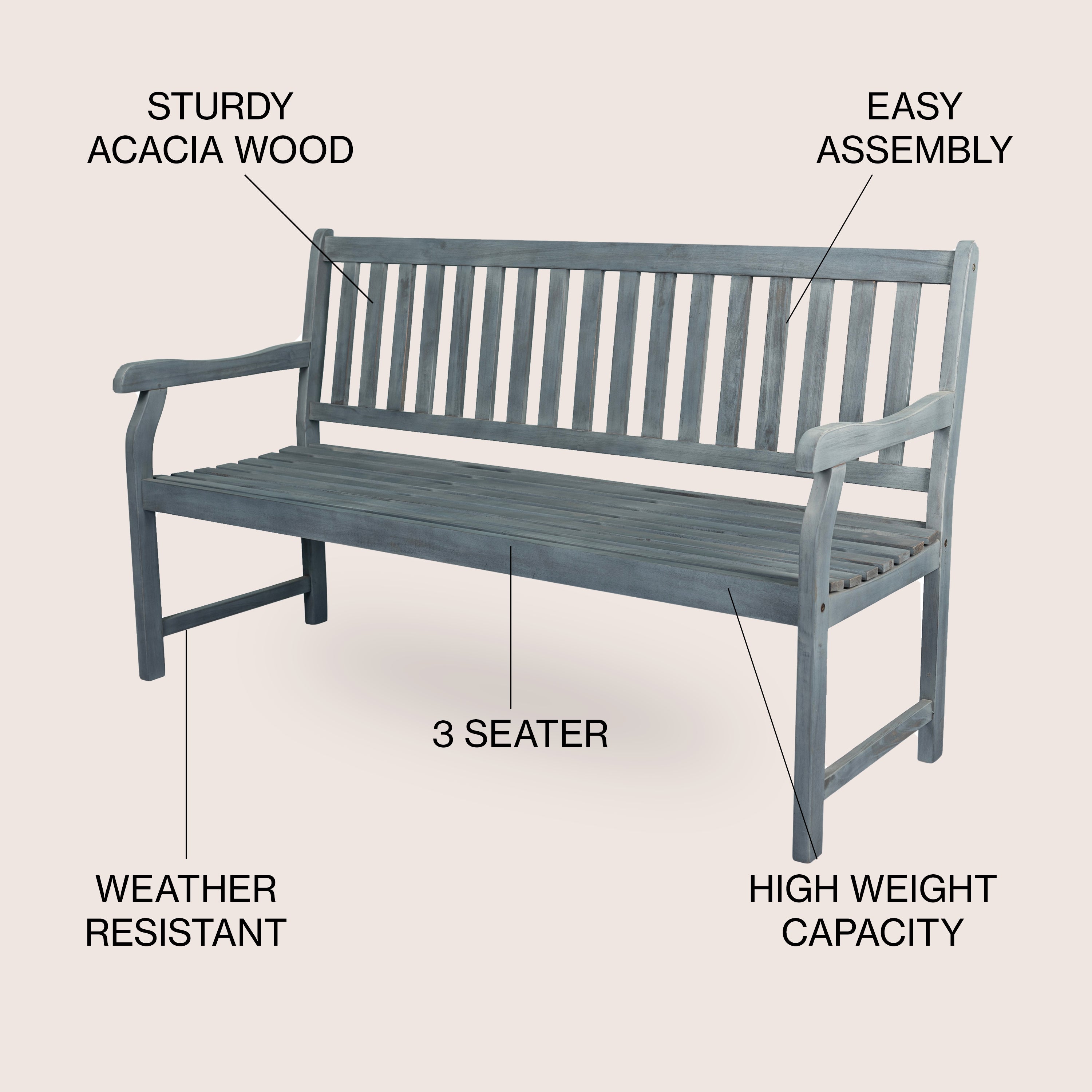 Sturdy Laurel Slat Back 600 Lbs Capacity Acacia Wood Outdoor Garden Patio Bench - Perfect for Backyard, Porch, and Poolside Relaxation