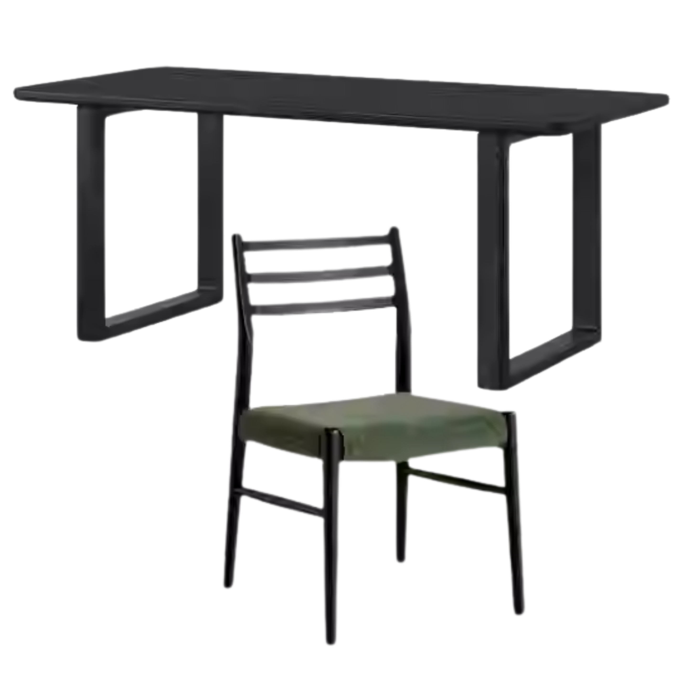 70.8x18.5x29.9 inch / 180x80x76 cm/ Black Color / Dining table with chairs 4pcs (upholstered chair moss green)