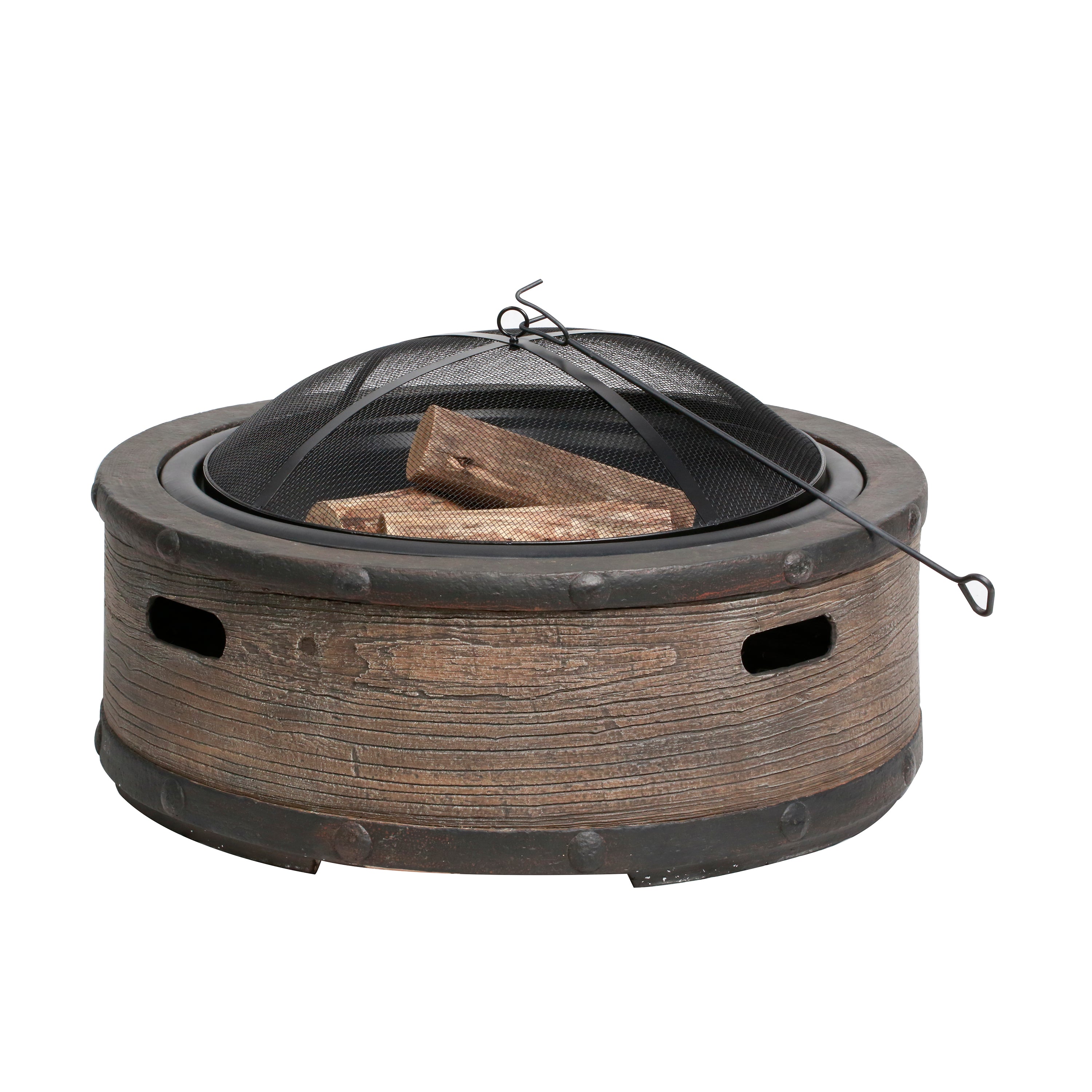 Sun Joe SJFP35 35-Inch Wood Burning Fire Pit with Cast Stone Base, Dome Screen & Poker - Rustic Barrel Design for Outdoor Patio, Backyard, and Camping Gatherings