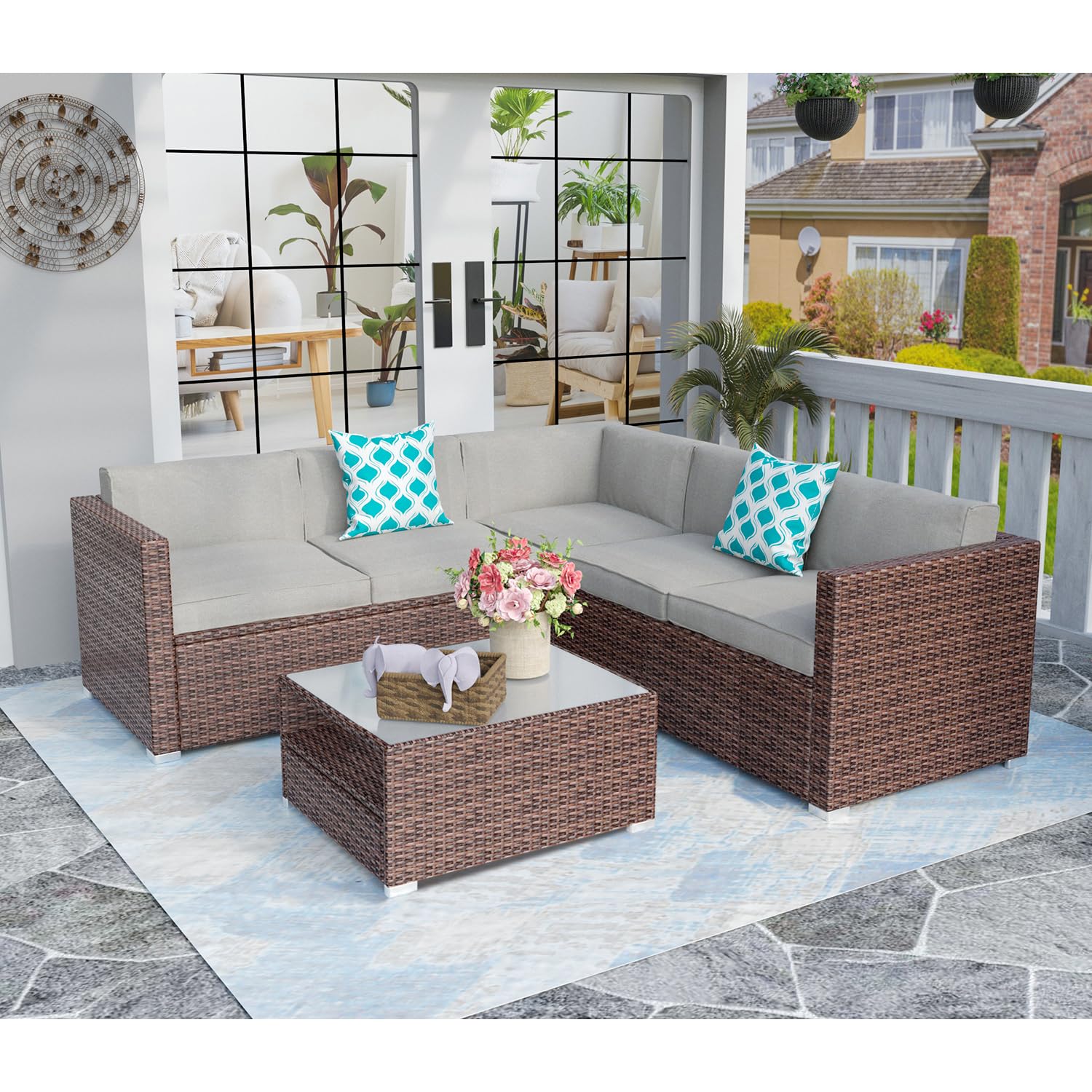 HOMPUS 6-Piece Outdoor Patio Furniture Set - Brown Modular Rattan Sectional Sofa with Gray Cushions, Wicker Conversation Set & Glass Coffee Table, Includes 2 Pillows - Perfect for Garden, Deck, Backyard & Poolside Relaxation