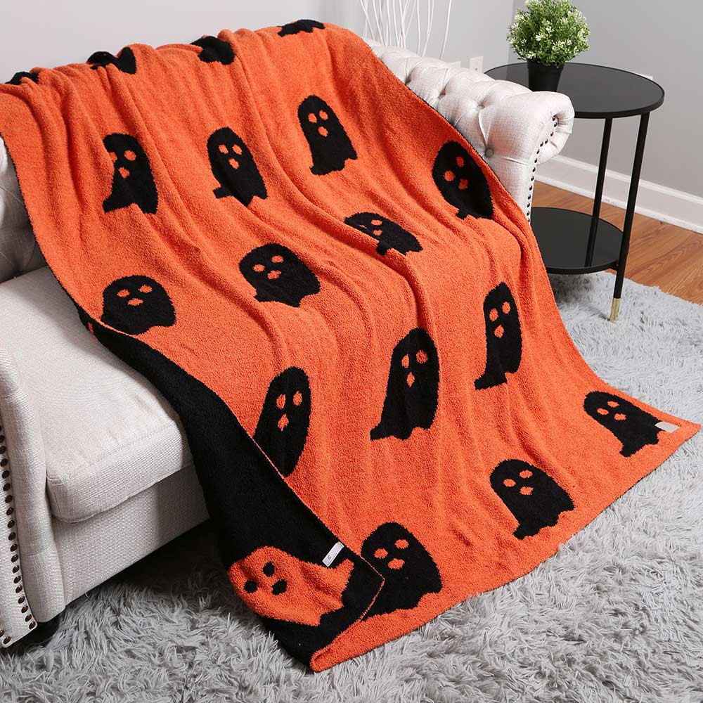 Orange Reversible Ghost Patterned Throw Blanket - Soft Halloween Decor & Cozy Flannel Blanket for Couch, Bed, or Outdoor Use