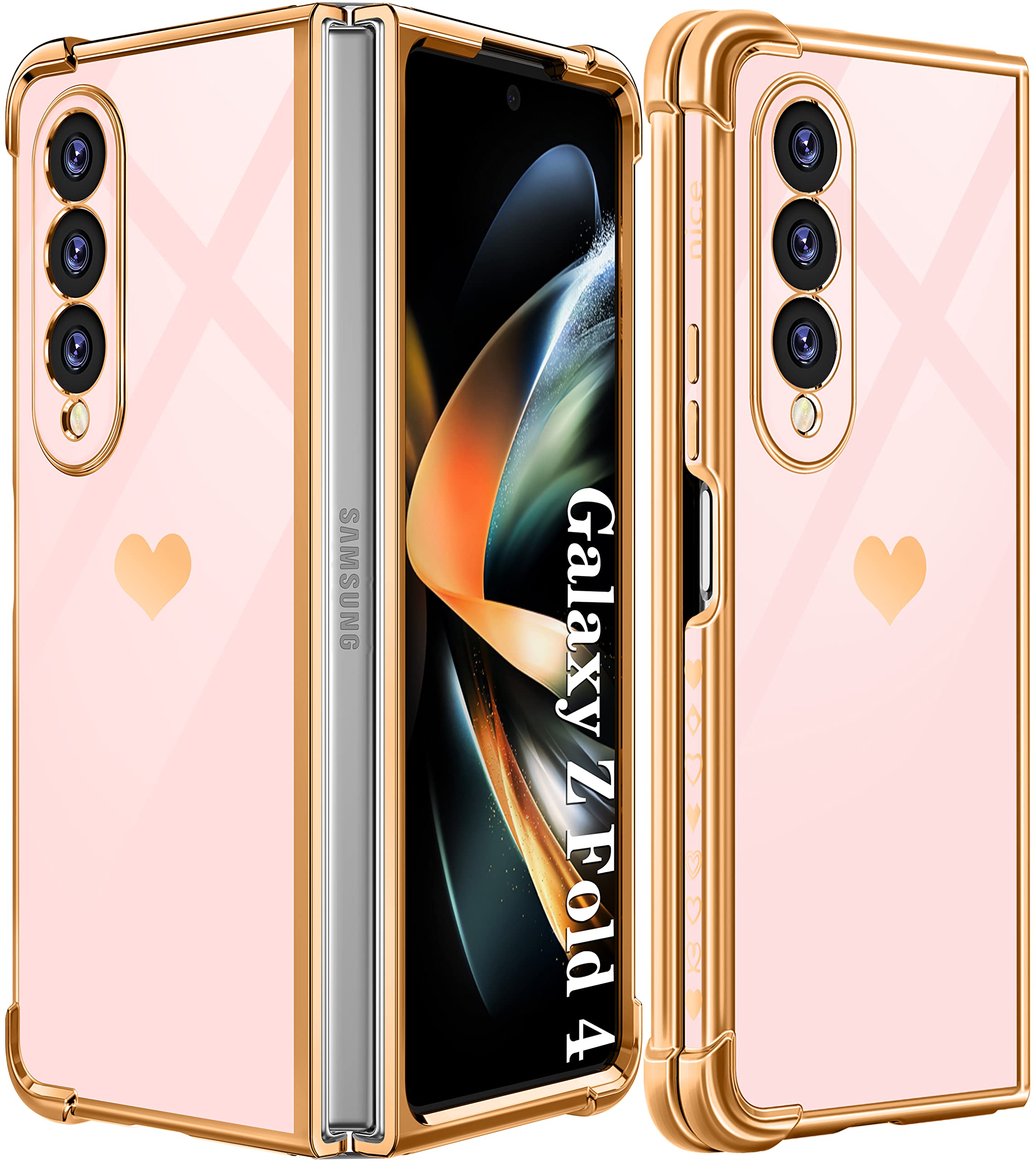 Luxury Gold Plated Heart Design Samsung Galaxy Z Fold 4 Case - Trendy Girly Phone Cover for Women & Girls | Aesthetic Cute Protection for Z Fold 4 5G (2022, 7.6