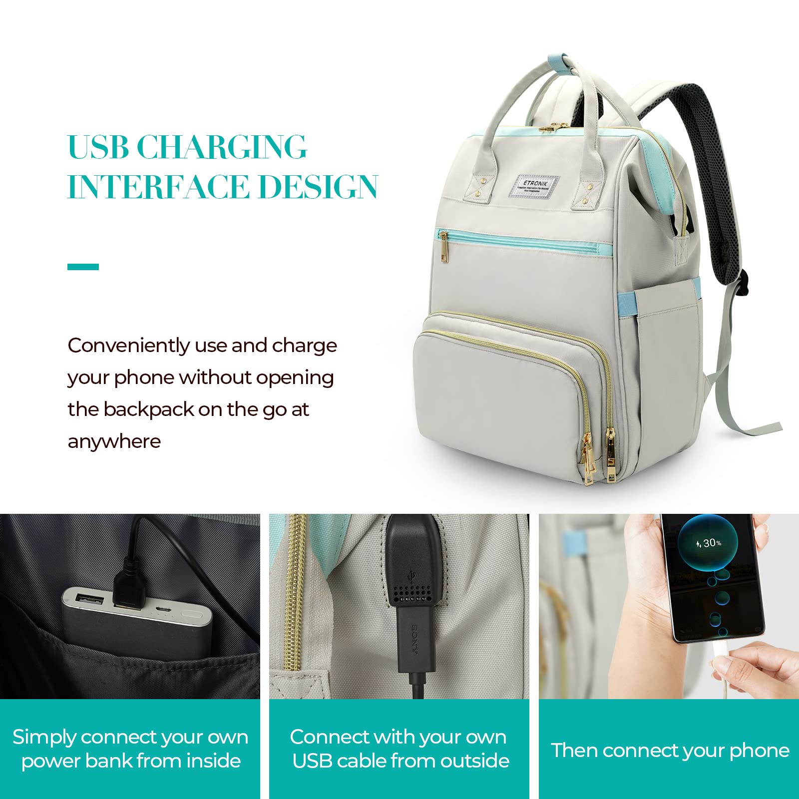 ETRONIK 15.6 Inch Laptop Backpack with USB Charging Port & Insulated Lunch Box - Stylish Work Bag for Nurses, Teachers, Men & Women - Perfect for Office, School & Travel (Grey Blue)
