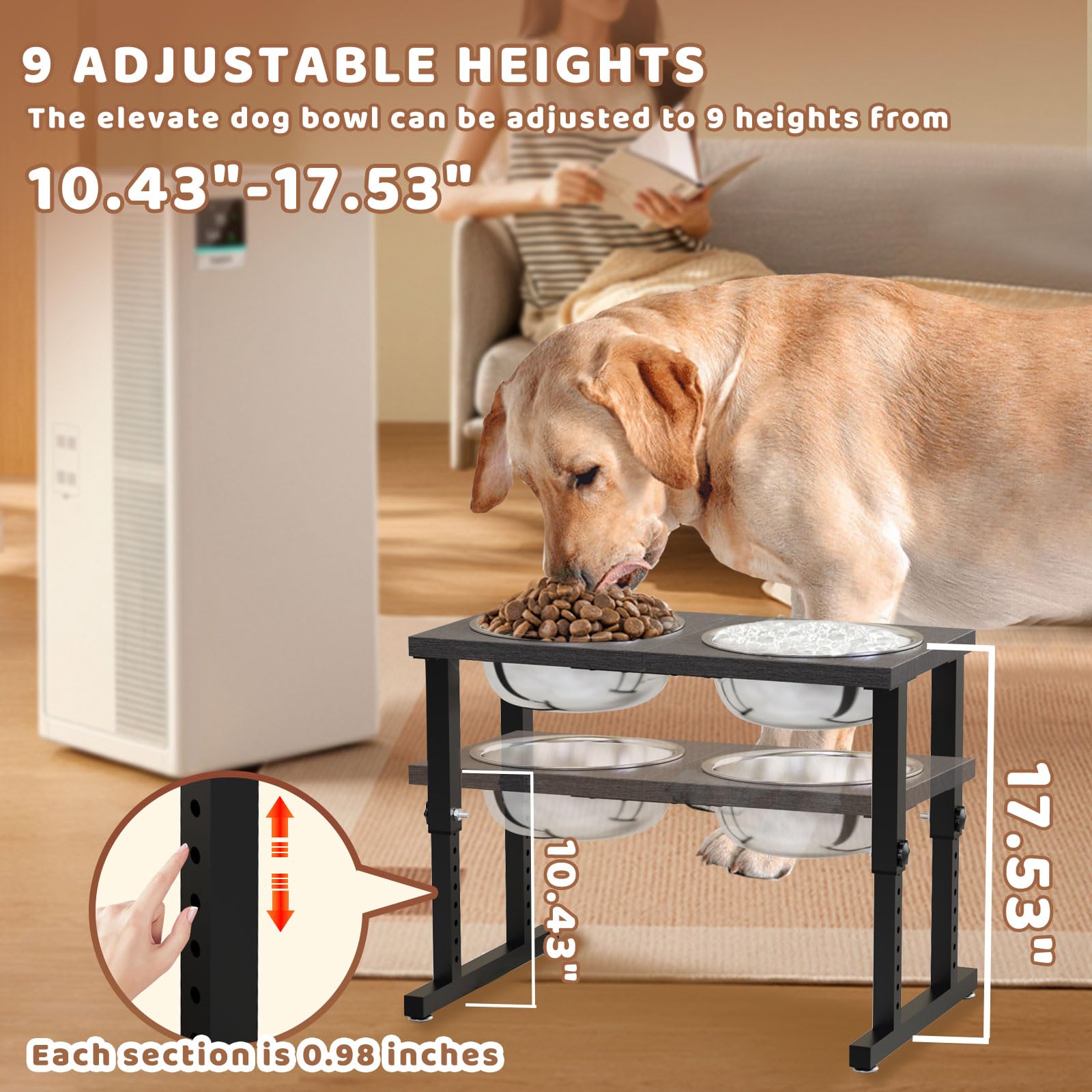 Premium Elevated Dog Bowls for Large Breeds - Adjustable Height (10.43