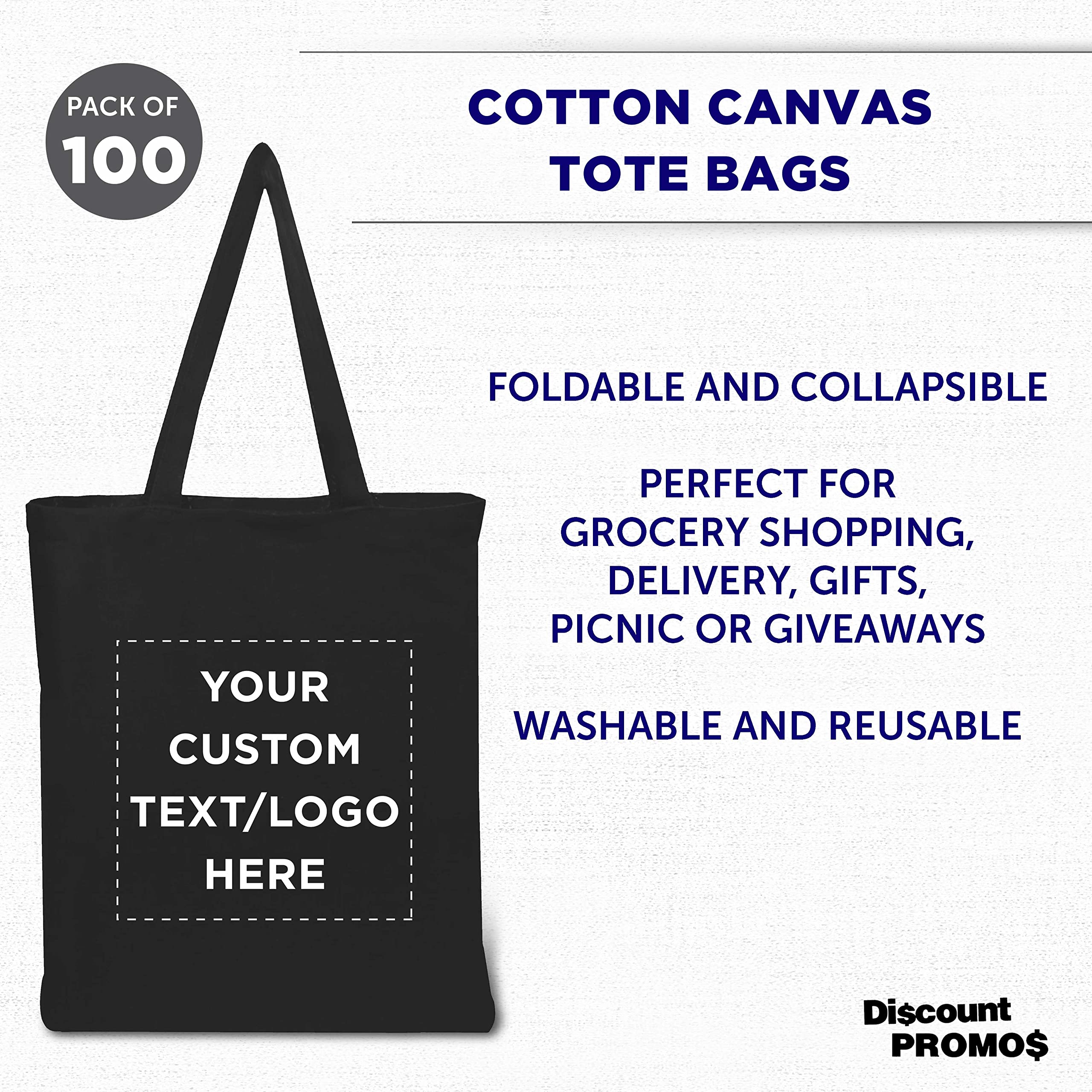 Custom Cotton Canvas Tote Bags Bulk Pack - 100 Reusable Eco-Friendly Shopping Bags for Grocery, Beach, Picnic & Wedding Favors - Personalized Promotional Gift Bags for Business Events & Retail Stores