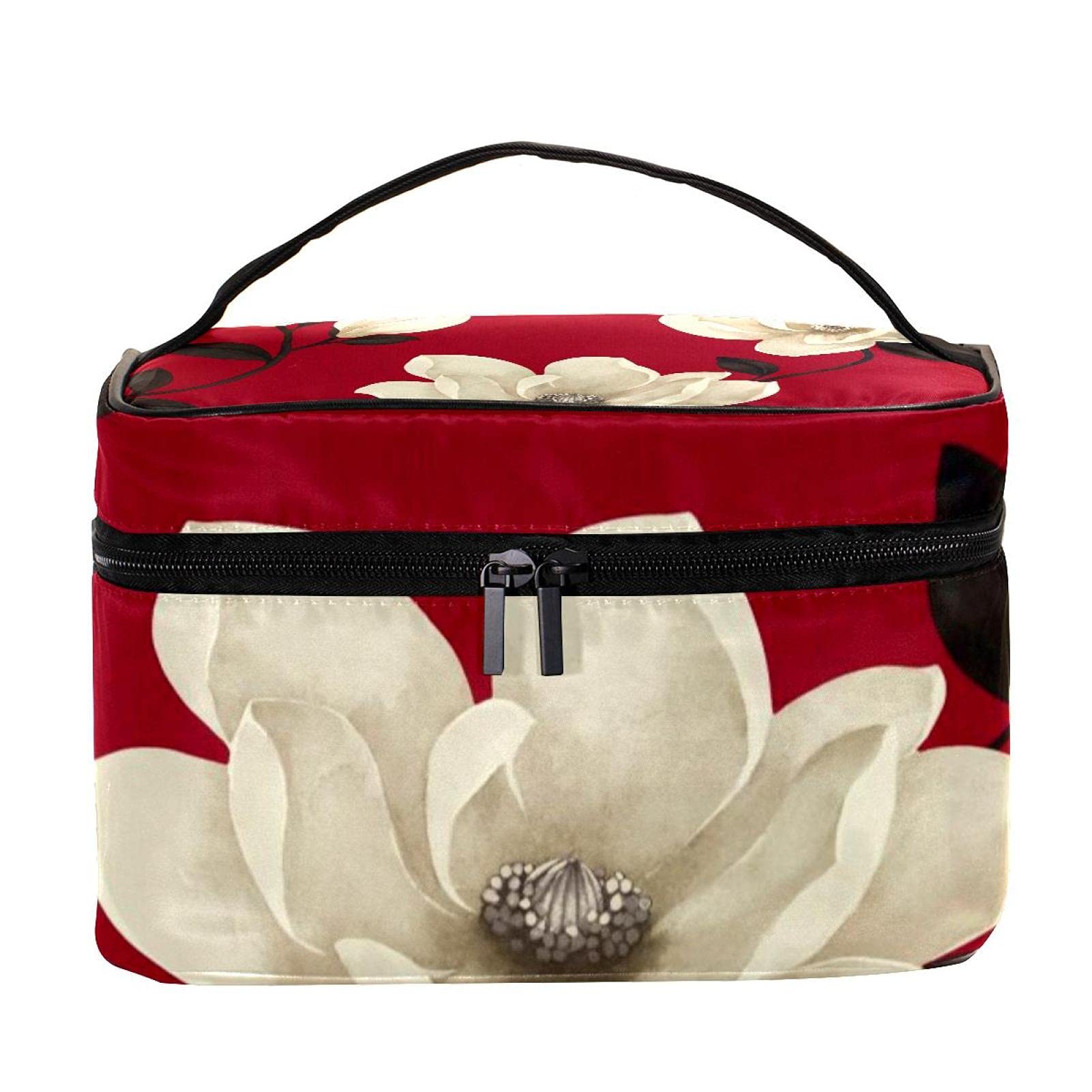 Large White Floral Red Pattern Travel Makeup Bag - Waterproof Cosmetic Organizer Case with Zipper for Women & Girls - Perfect for Vacation, Gym, and Daily Essentials Storage