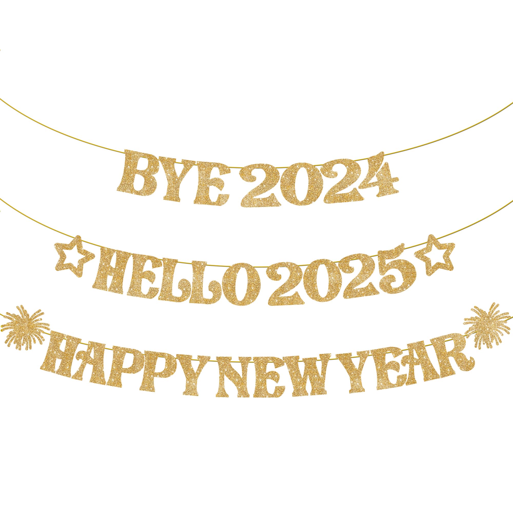 KatchOn 2025 New Year Party Decorations - 13-Pack Glitter Happy New Year Banner & NYE Glasses Set | Perfect for New Year's Eve Countdown, 2025 Celebration Decor & Holiday Party Supplies | Bye 2024 Hello 2025 Decorations for Home, Office or Club Parties