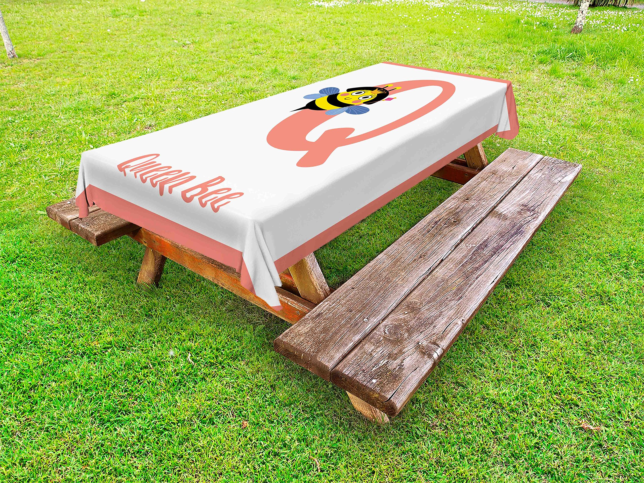 Ambesonne Bee Print Outdoor Tablecloth - Queen Bee Monogram ABC Learning Cartoon Animal Design, Washable Picnic Table Cover 58x104 Inches, Multicolor Coral Tone - Perfect for Garden Parties, BBQs, and Outdoor Dining Decor