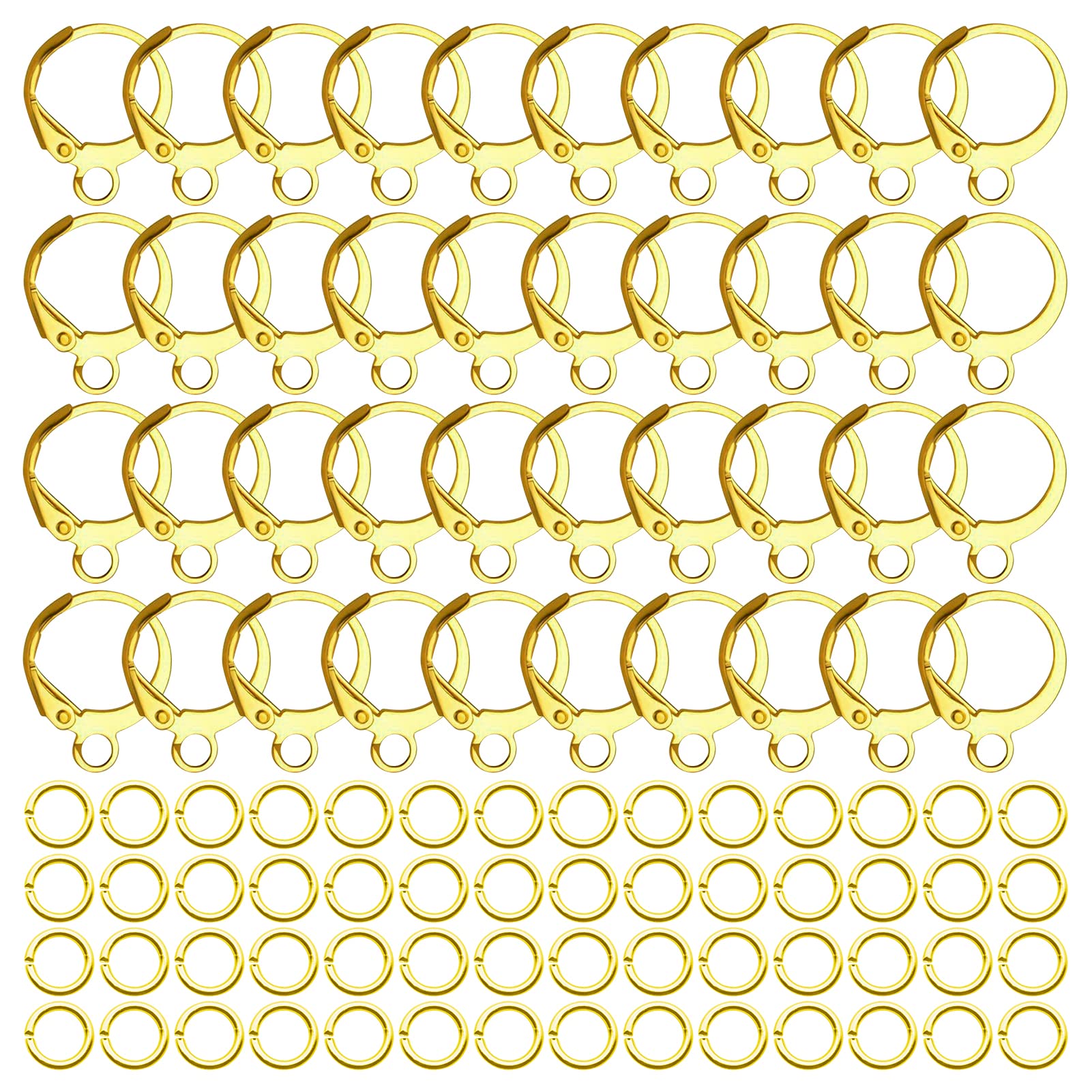 200pcs Gold Round Leverback Earring Hooks Set with 100pcs Open Jump Rings - Hypoallergenic DIY Jewelry Making Supplies for Earrings, Necklaces & Crafts | Perfect for Handmade Gifts, Fashion Accessories & Beading Projects