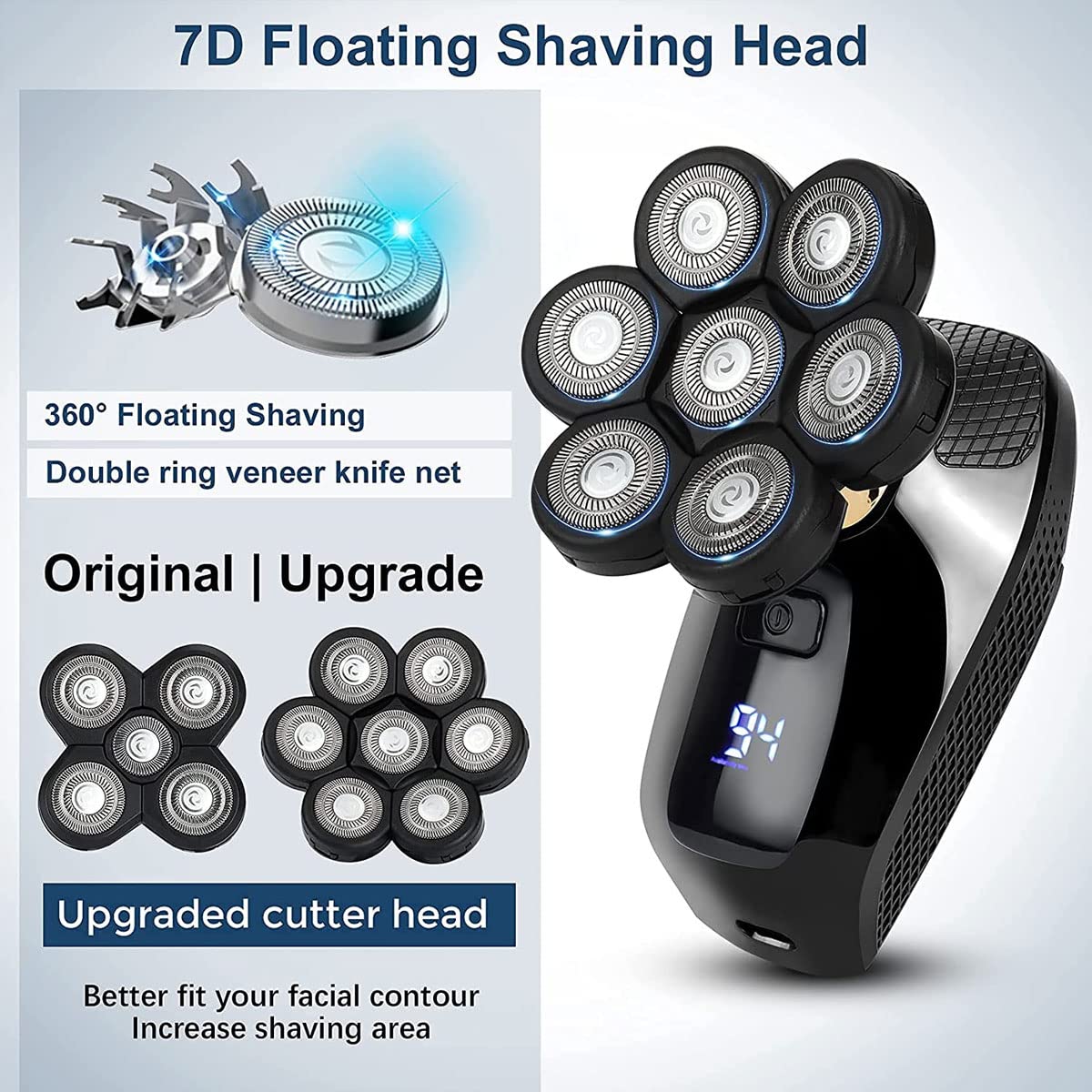 7D Rotary Electric Razor for Men - Rechargeable Wet/Dry Shaver with LED Display, Waterproof & Washable - Perfect for Travel, Home & Gym Use
