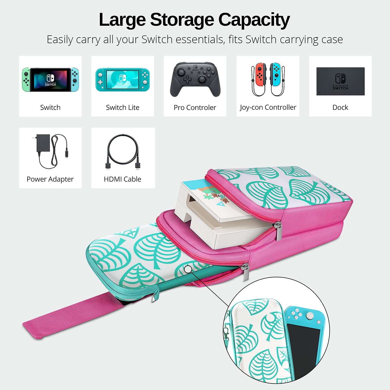 Cute Pink TNP Travel Shoulder Bag for Nintendo Switch & Switch Lite - Portable Carrying Case Compatible with Animal Crossing Games, Console & Dock Charger - Perfect for Travel, Commuting & Gaming On-The-Go