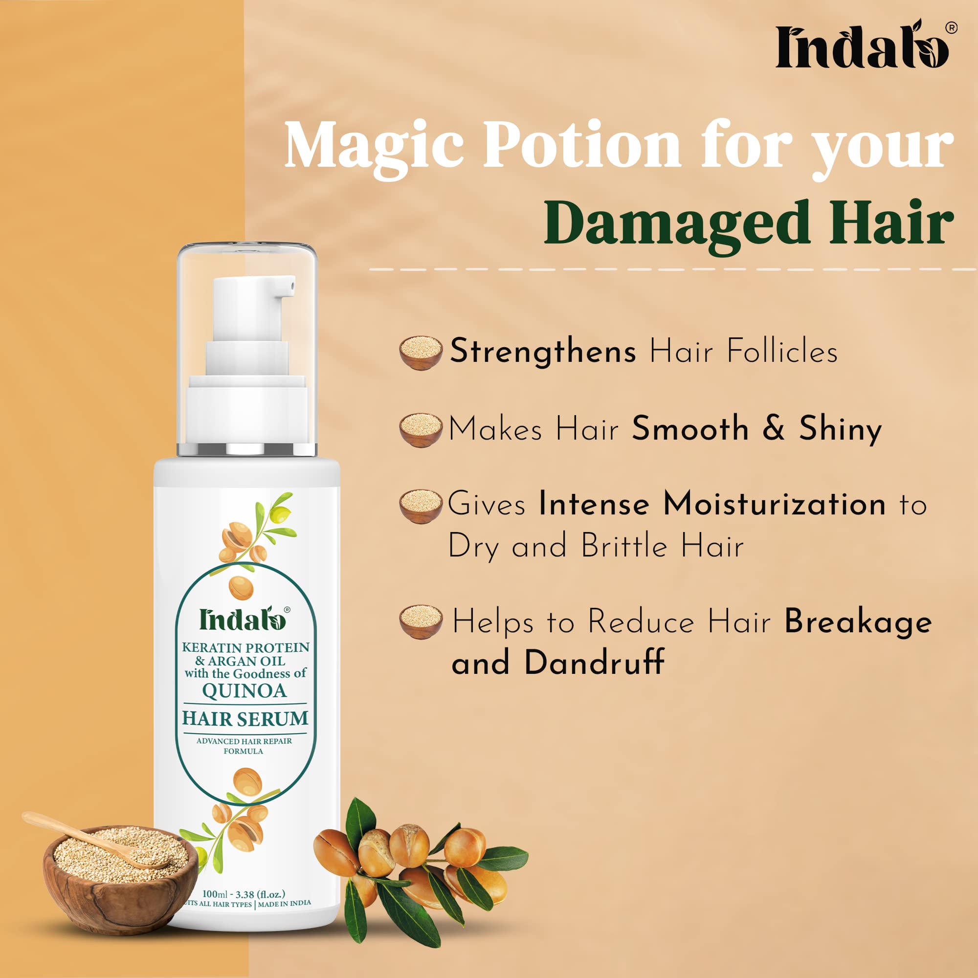 Indalo® Quinoa Protein Hair Serum with Keratin & Argan Oil - 100ml for Silky, Soft, Smooth & Shiny Hair | Reduces Breakage & Repairs Damage | Advanced Hair Repair Formula | Perfect for Daily Use, Styling & Heat Protection
